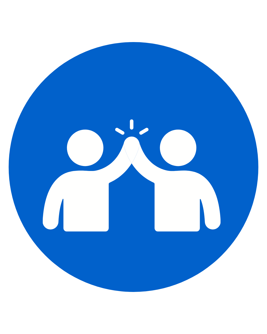 Two white human figures giving each other a high five inside a blue circle.