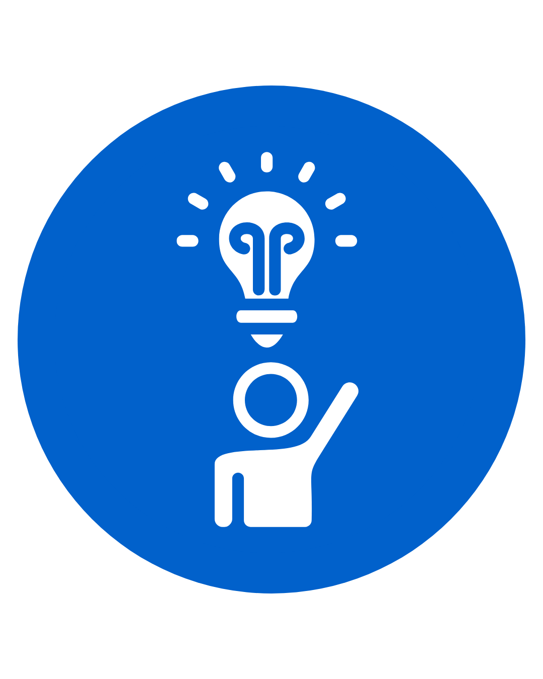 A blue circular icon with a white outline of a person raising one arm. Above the person's head is a lightbulb with a filament inside, depicting an idea or innovation.