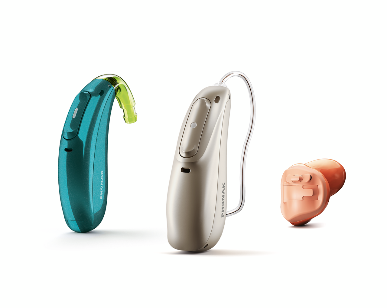 Three hearing aids in different colors and styles, with the middle one connected by a clear tube, against a white background.
