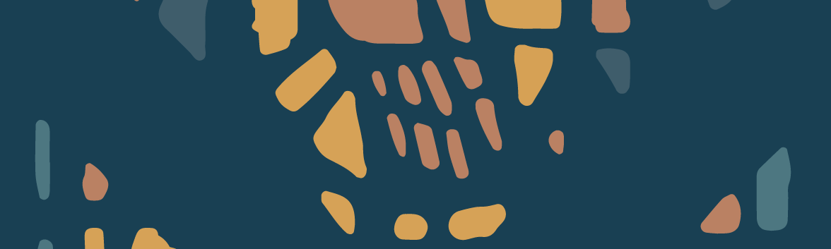 Abstract design with navy blue background and irregular tan, brown, and light blue shapes.