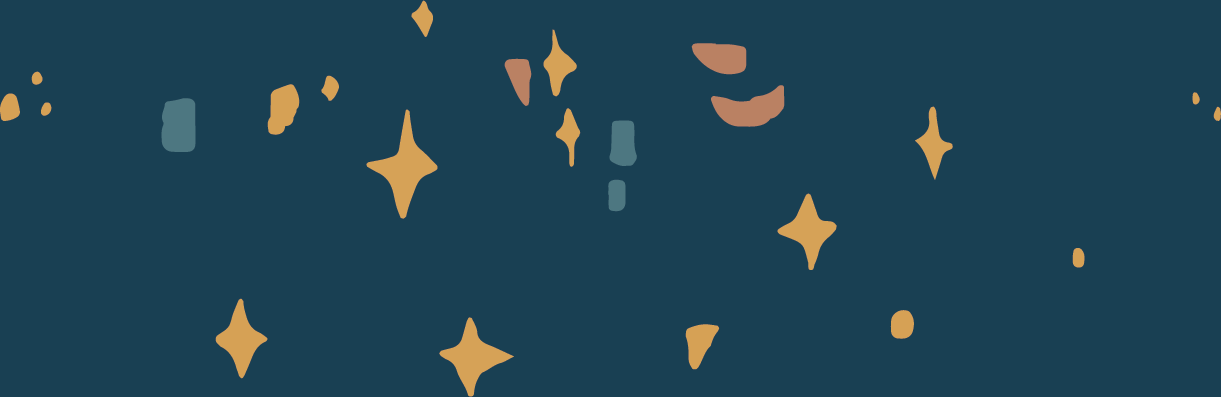 Illustration of scattered gold and light brown sparkles and spark shapes on a dark blue background.