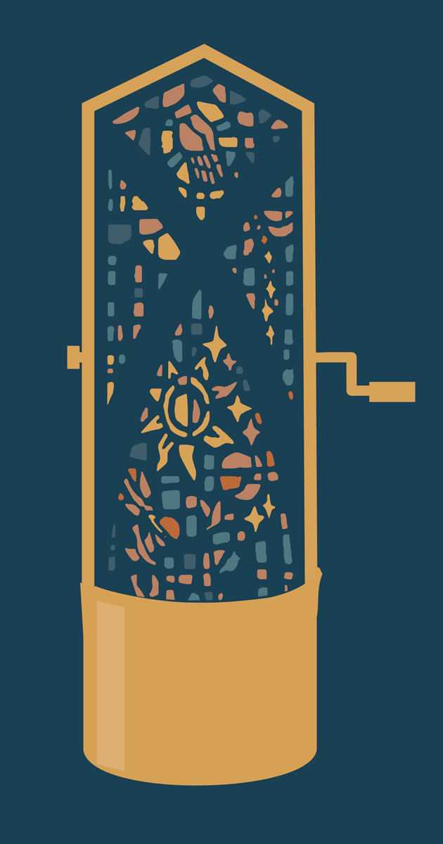 Stylized illustration of a lava lamp with melted wax inside, mounted on a dark blue background.