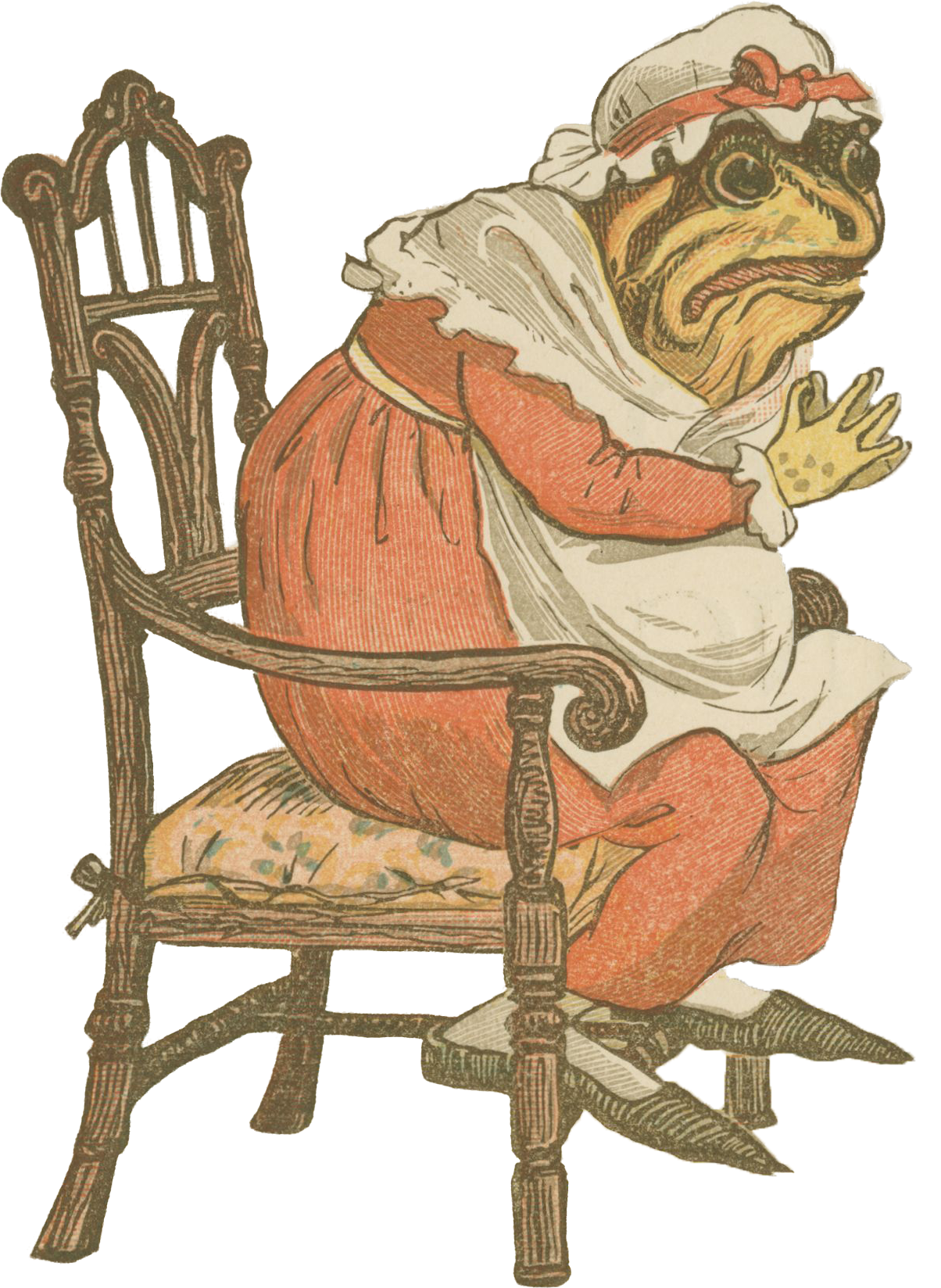 An illustrated grandmother frog dressed in historical cottage-core clothing, sitting on a wooden chair with a patterned cushion, wearing a bonnet, apron, and a long dress.