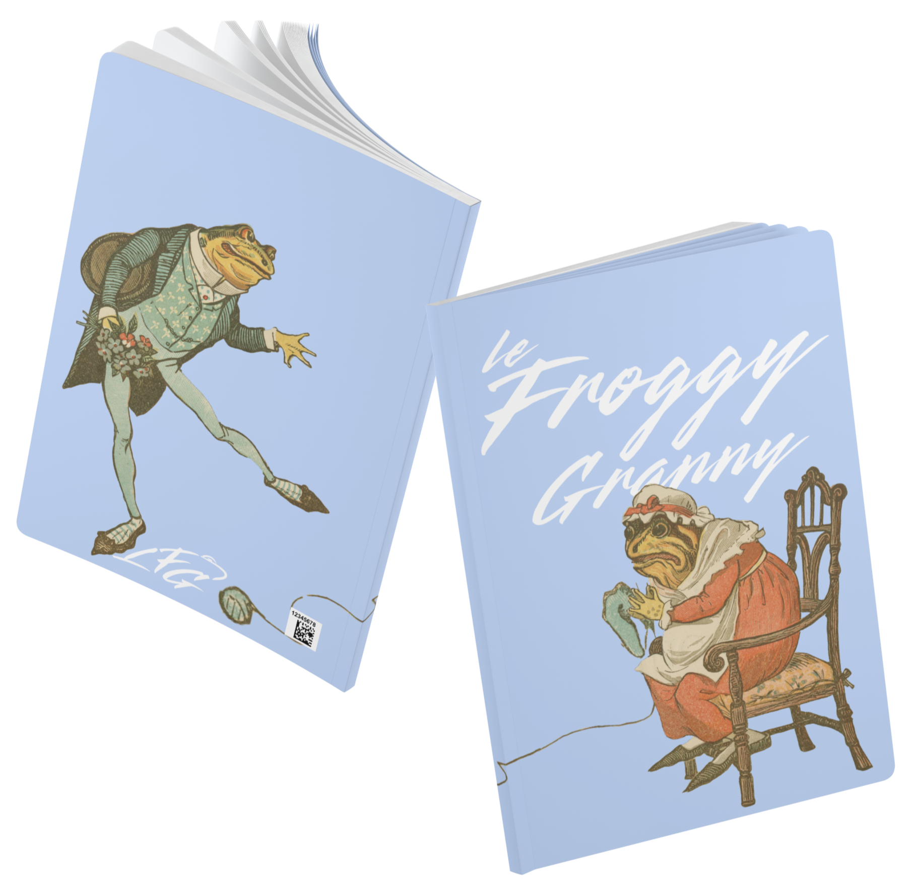 A booklet titled "The Froggy Granny" featuring illustrations of frogs on the cover and back cover. The front cover shows a frog sitting on a chair with a crochet project. The back cover features a frog dressed in a suit, holding a flower bouquet.
