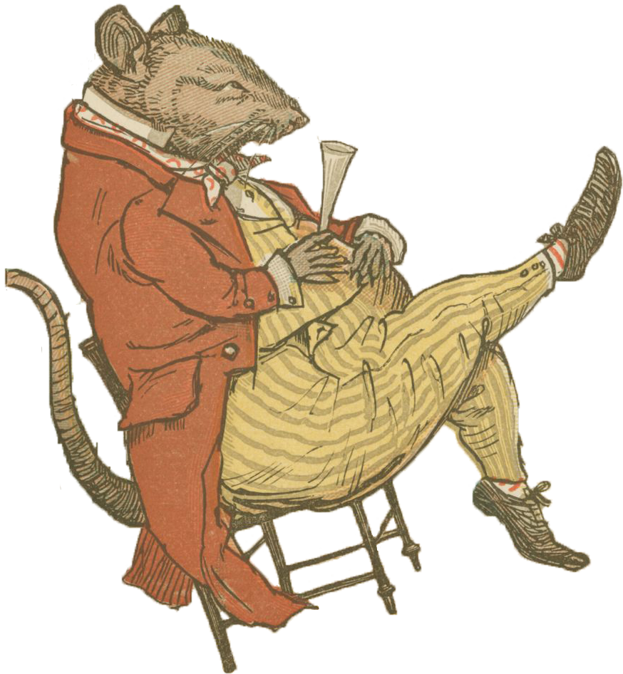 An illustrated rat dressed in dapper vintage clothing, leaning back in a wooden chair with legs crossed, holding a glass of champagne.