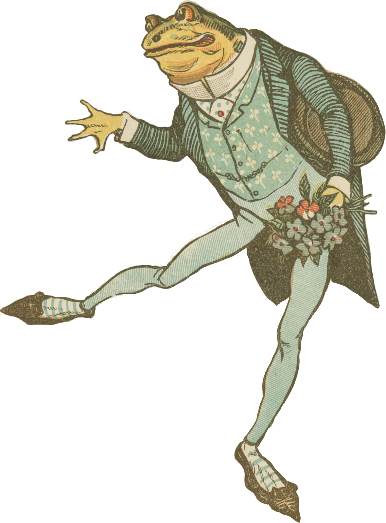An illustrated frog, standing on two legs, wearing a suit and vest, holding a bouquet of flowers, and waving with its right hand.