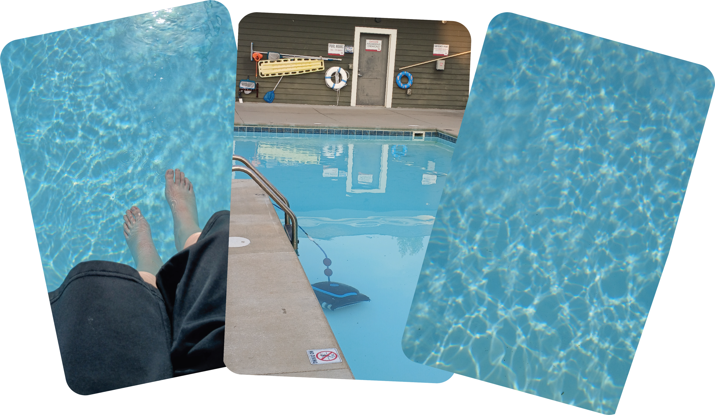 A collage of 3 images by a poolside. The first shows someone stepping in, the second a pool deck with storage shed, the final is sun rippled water in the pool.