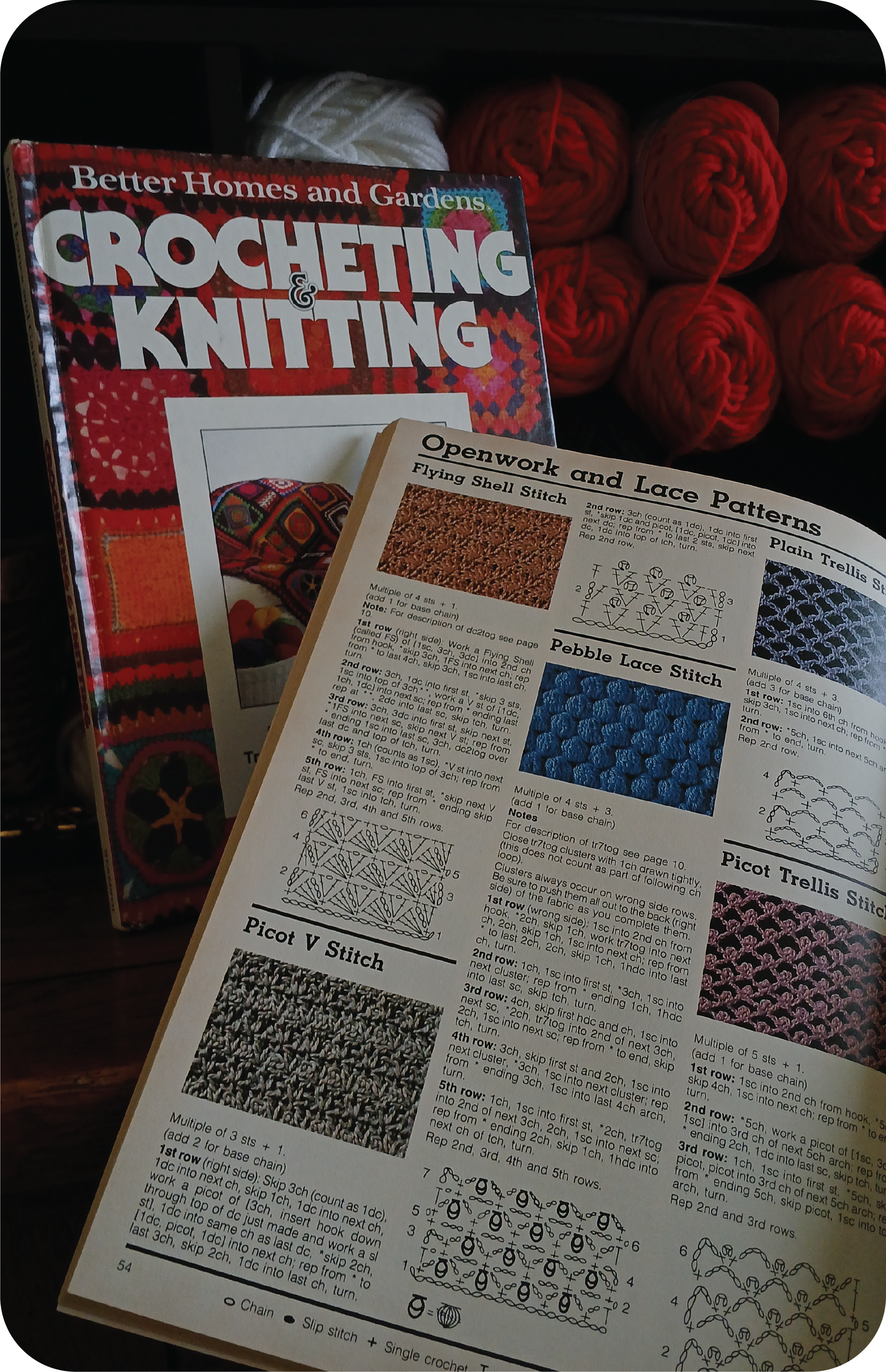 Two vintage crochet books, one shows the front cover, the other open to a page of crochet stitch techniques.