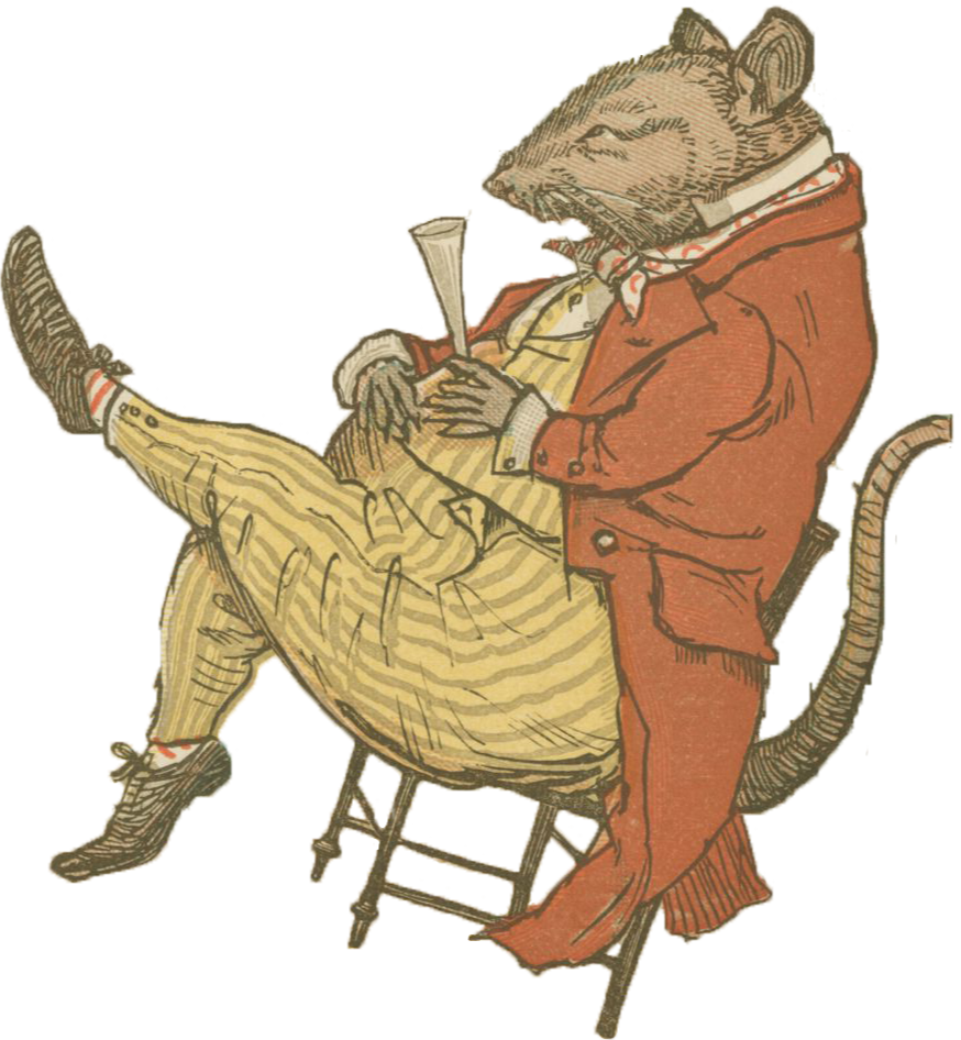 An illustrated rat dressed in dapper vintage clothing, leaning back in a wooden chair with legs crossed, holding a glass of champagne.