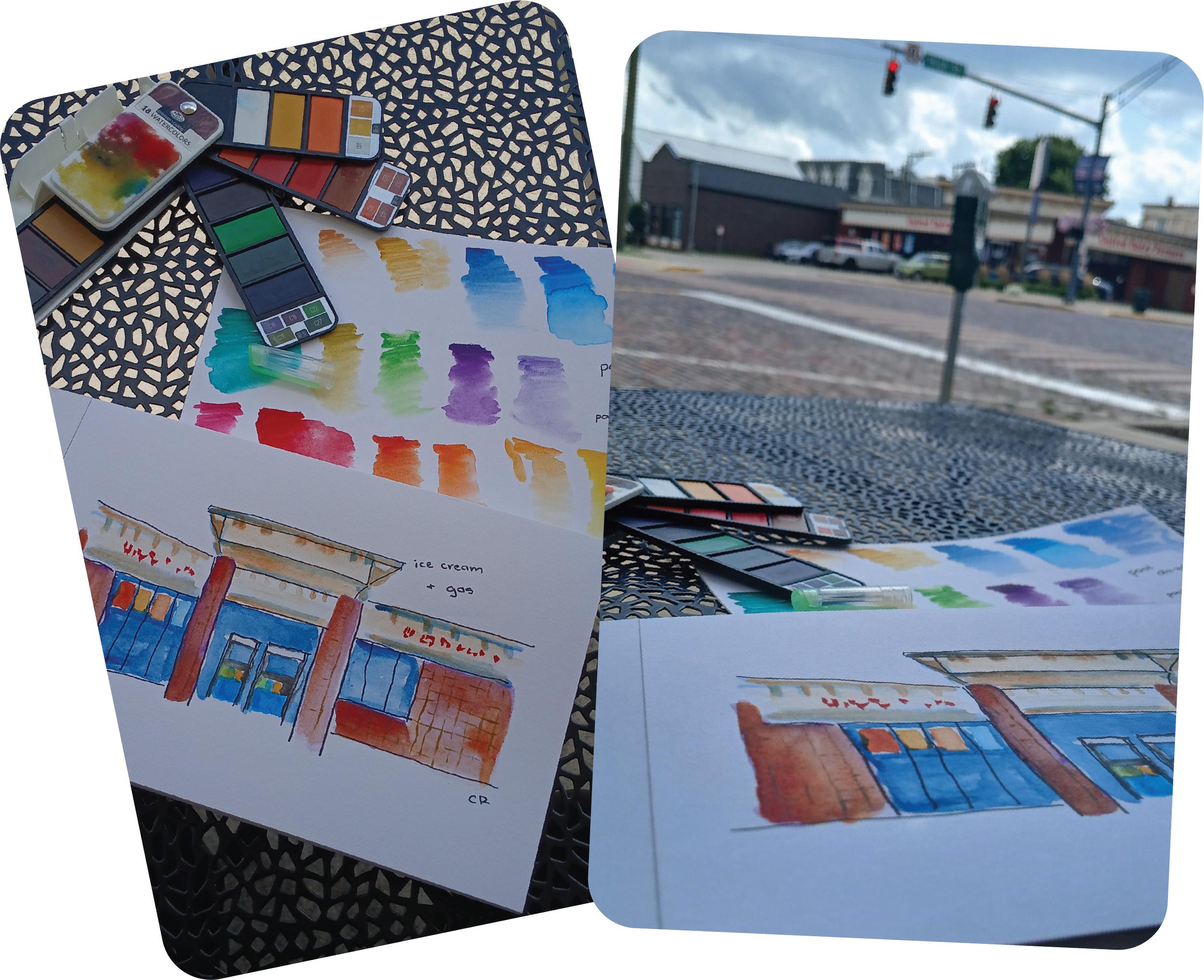 A 2 image collage with a mini water color palette, and drawing of a gas station with the gas station in the background.