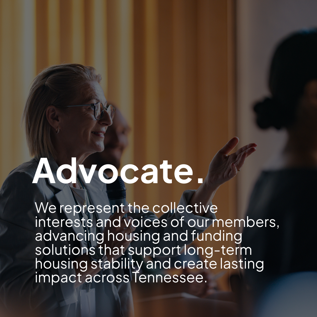 A woman talking to a group of people about affordable housing advocacy.