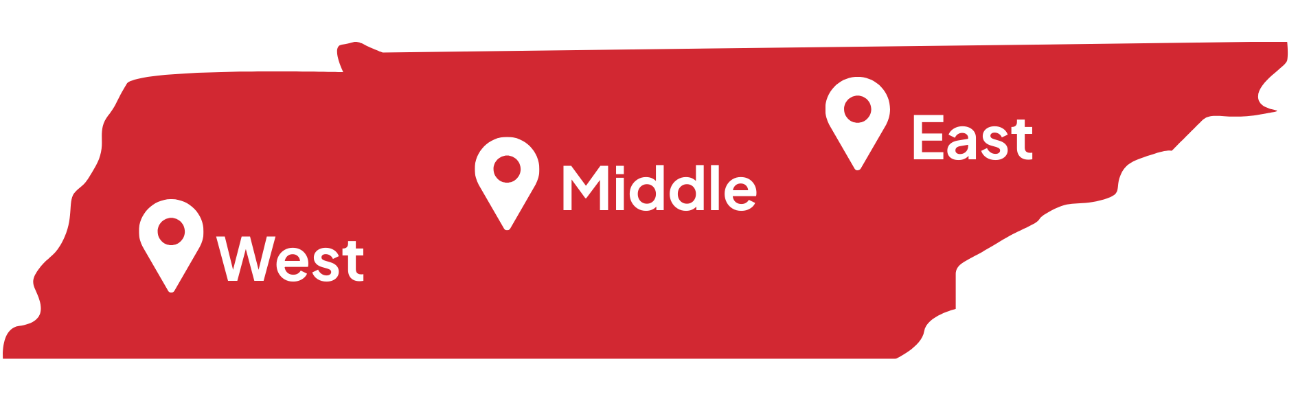 A red outline of Tennessee labeled with West, Middle, and East regions, each marked by a location pin icon to show Tennessee affordable housing.