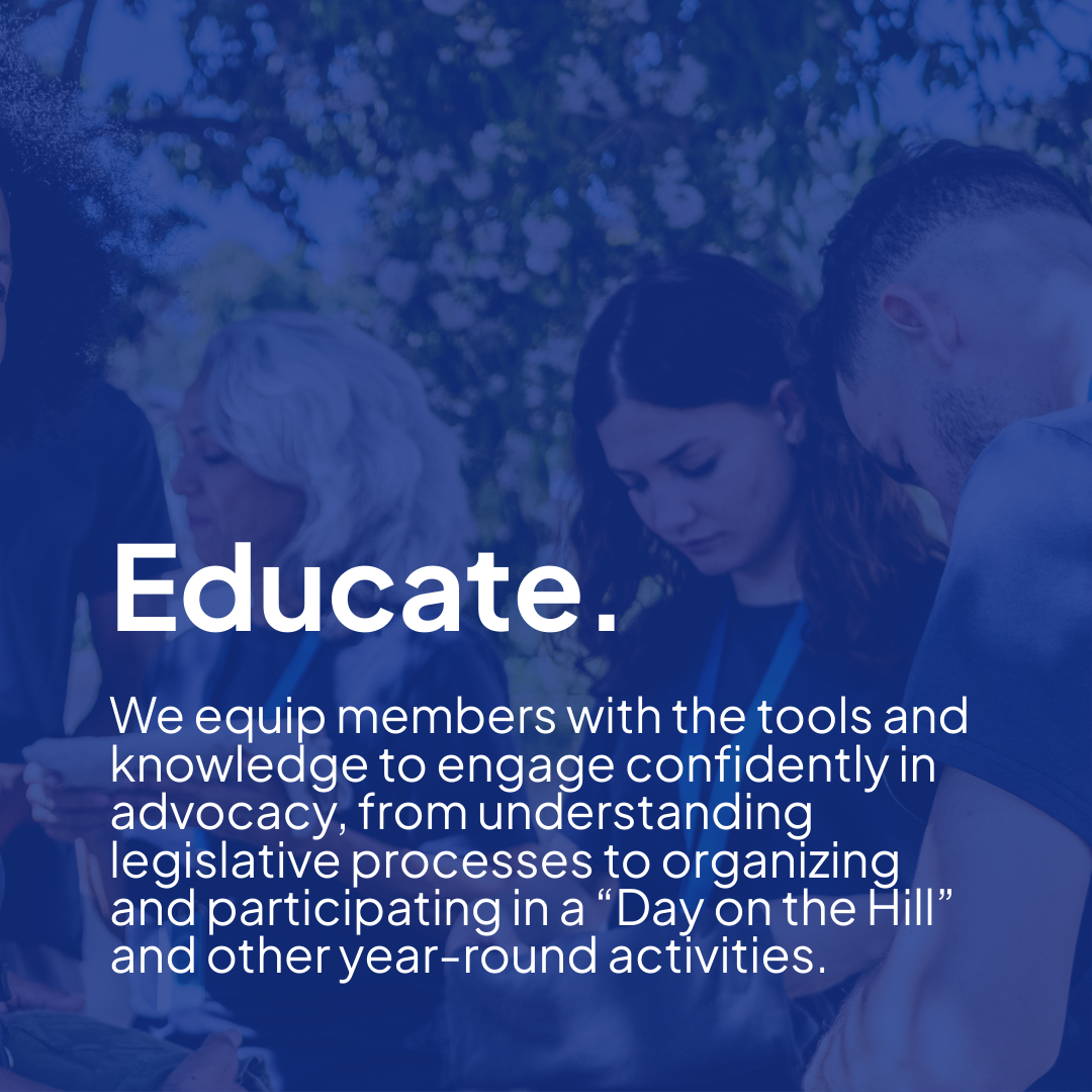 Four people stand together outdoors, reading papers; text about advocacy education overlays the image.