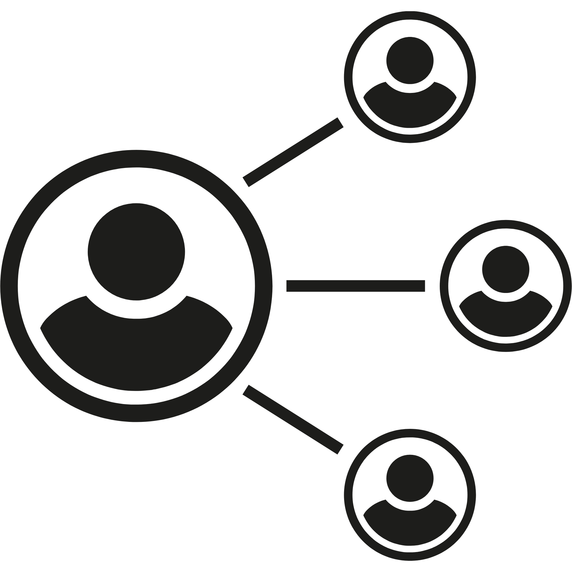 Icon of one large user connected by lines to three smaller users, representing a network of the housing friend membership by tnahc.