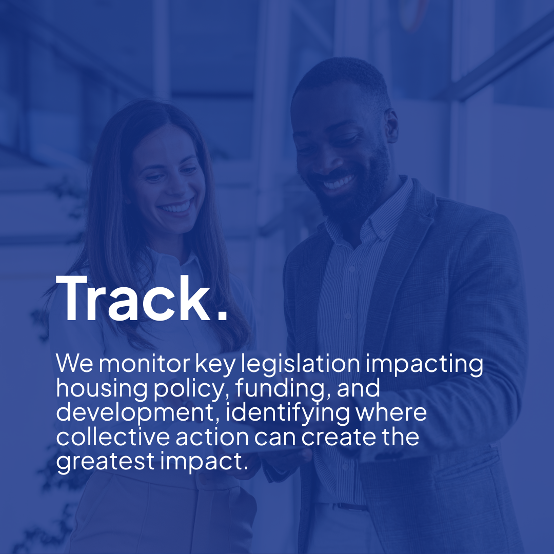 Two professionals smiling and reviewing a document, with text about tracking legislation affecting housing policy and regional housing organizations.