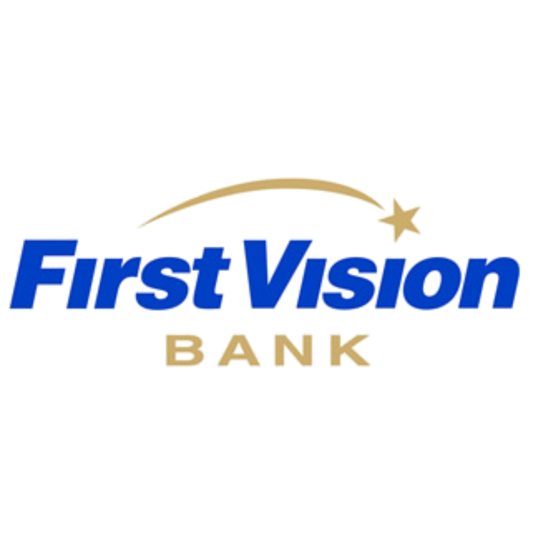 FirstVision Bank logo with blue and gold text and a gold swoosh above the word "Vision.
