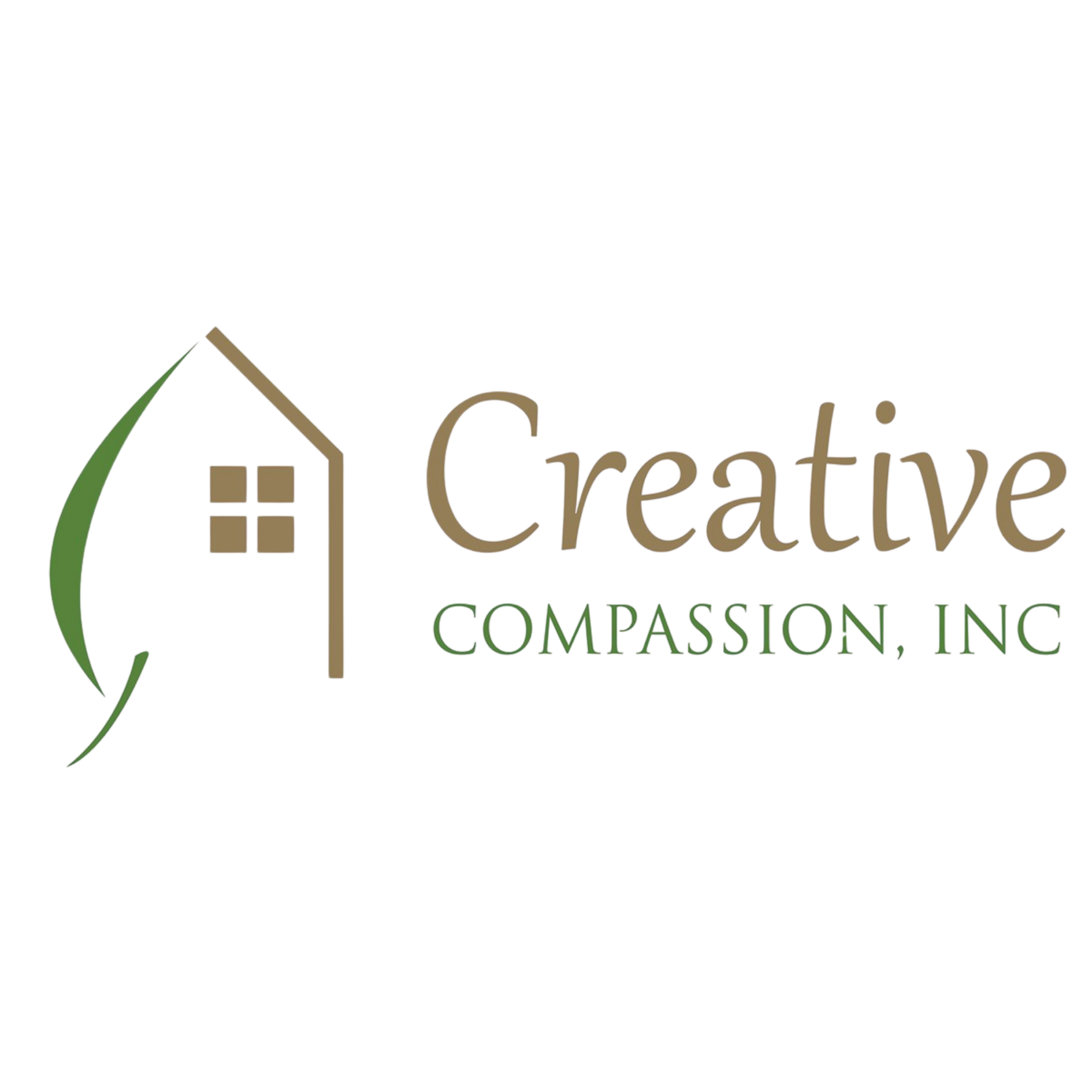 Logo of Creative Compassion, Inc. with a house outline and the company name in tan and green text on a black background.