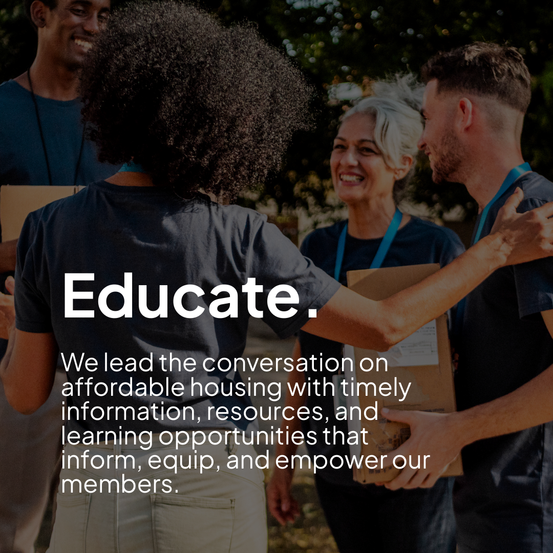 A leader with her hand on a team members shoulder educating them on affordable affordable housing initiatives.