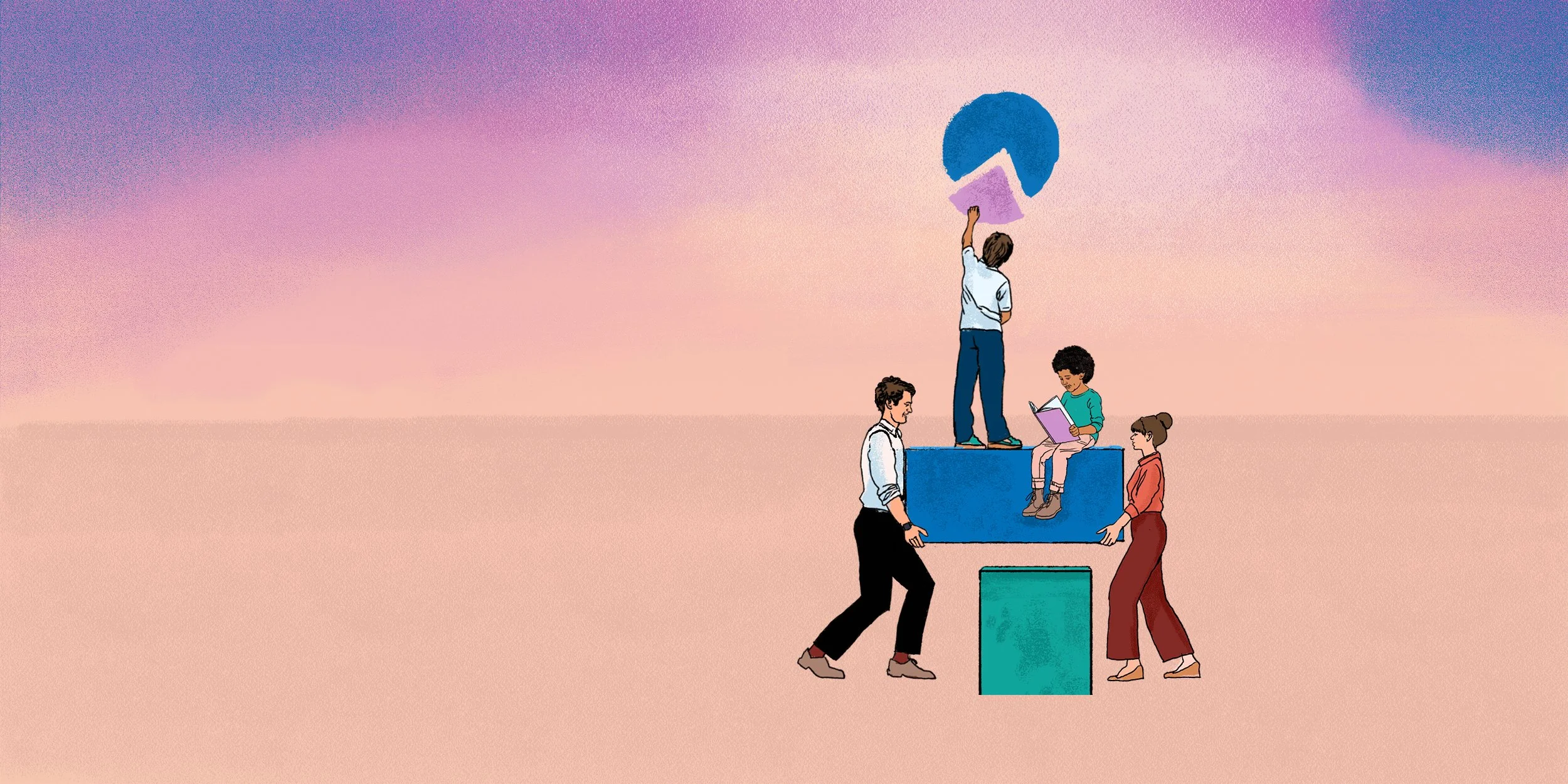 Four children working together to build a structure with blocks, with a pink and purple sky in the background.