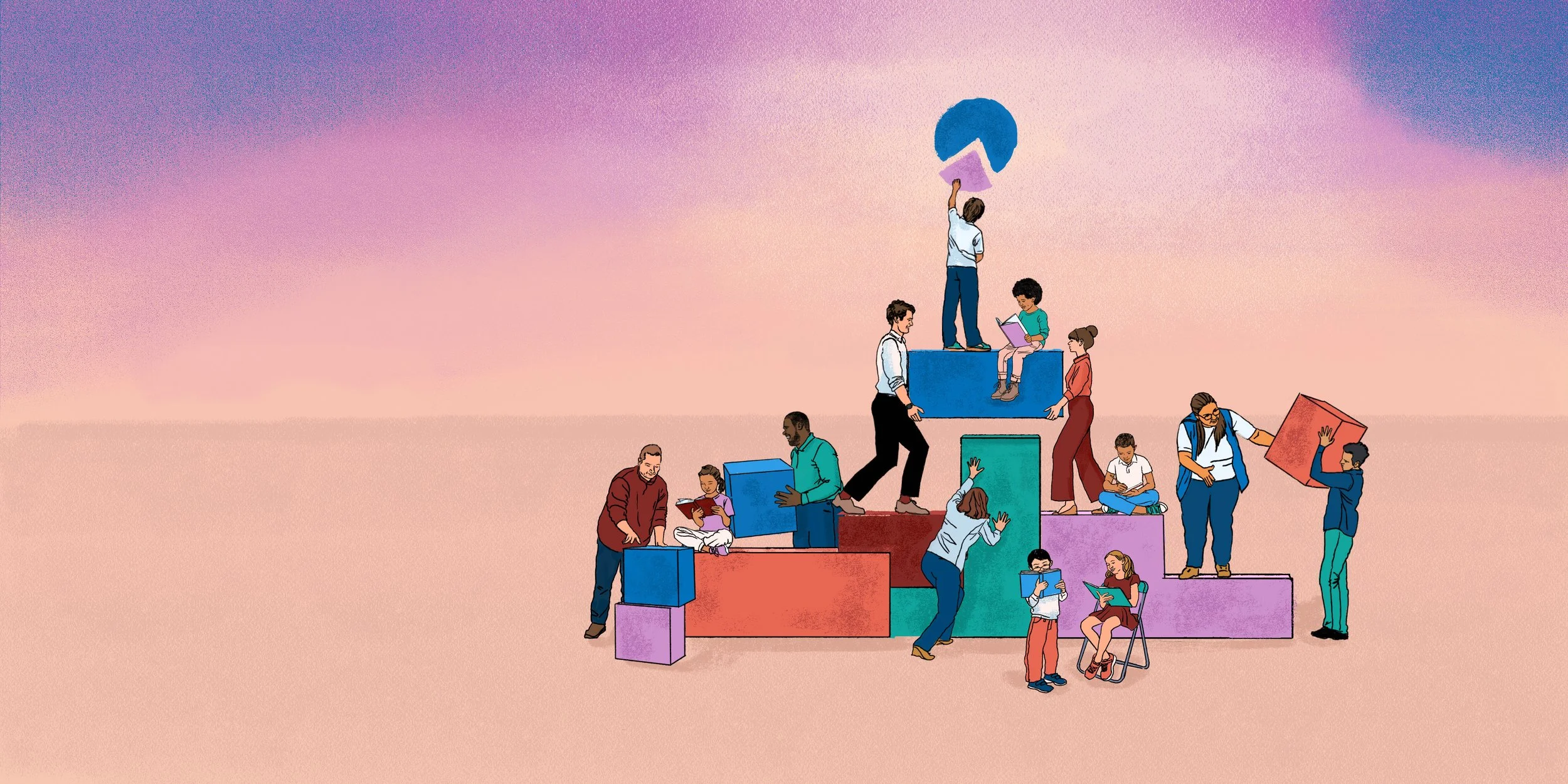 Illustration of diverse people building a pyramid with colorful blocks, reading, talking, and collaborating in a teamwork setting against a pastel sky background.