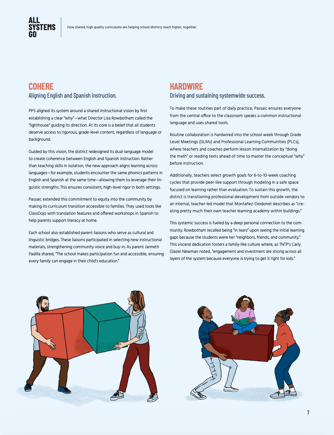 A data infographic about the impact of shared curricula on student reading proficiency from 2024 to 2025. It includes text, numerical statistics, and an illustration of two boys stacking colorful blocks.