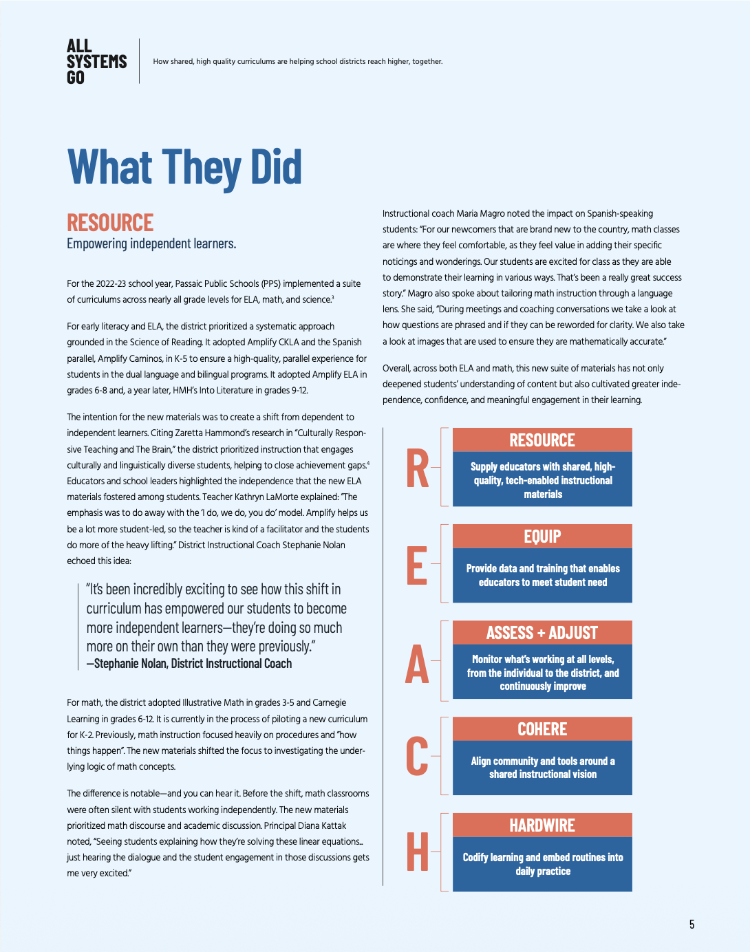 A two-page spread of a text-heavy document discussing educational strategies, professional development, and curriculum implementation.