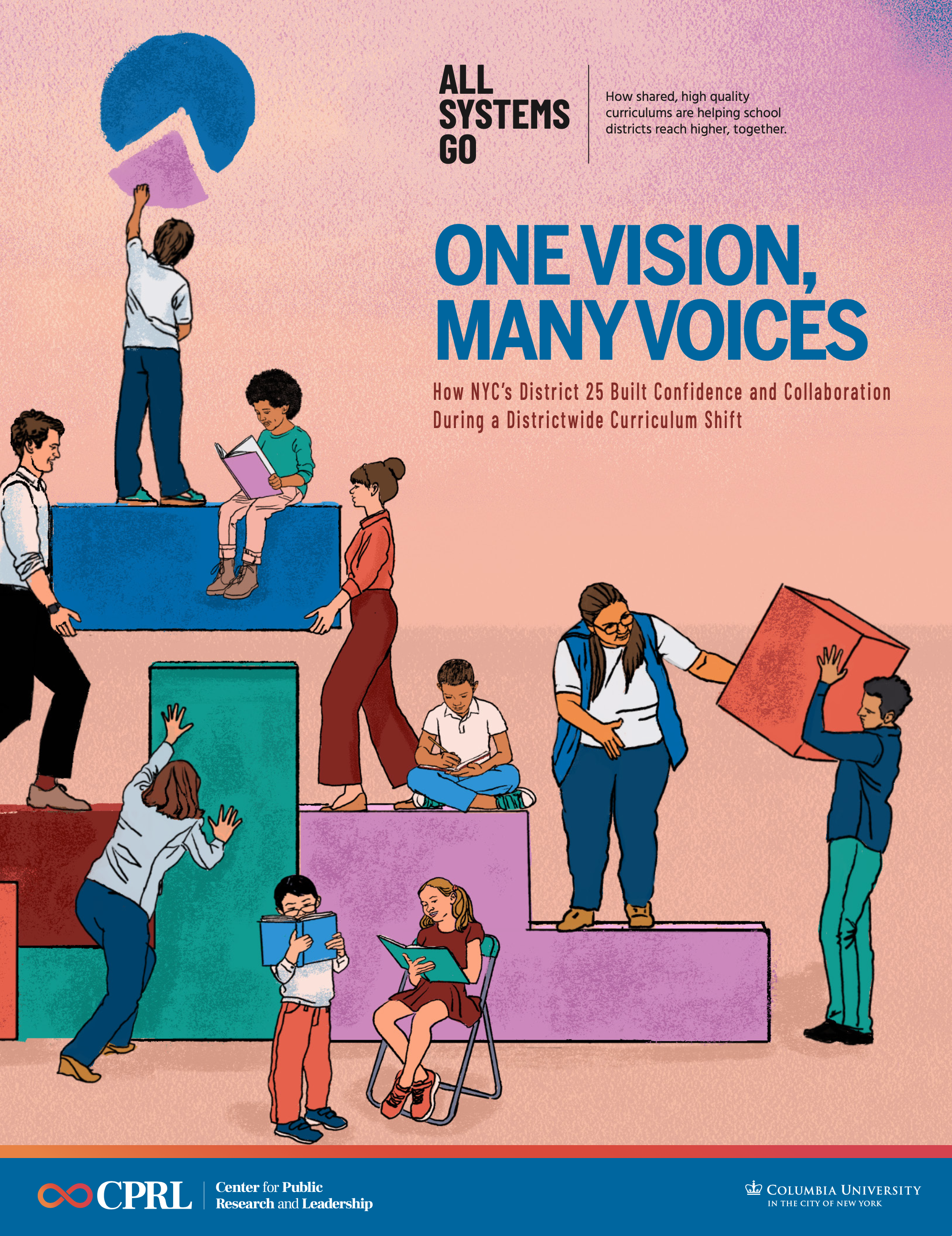 A report cover with an illustration of diverse children and adults interacting with large blocks and cubes in different colors. The report is titled "One Vision, Many Voices."