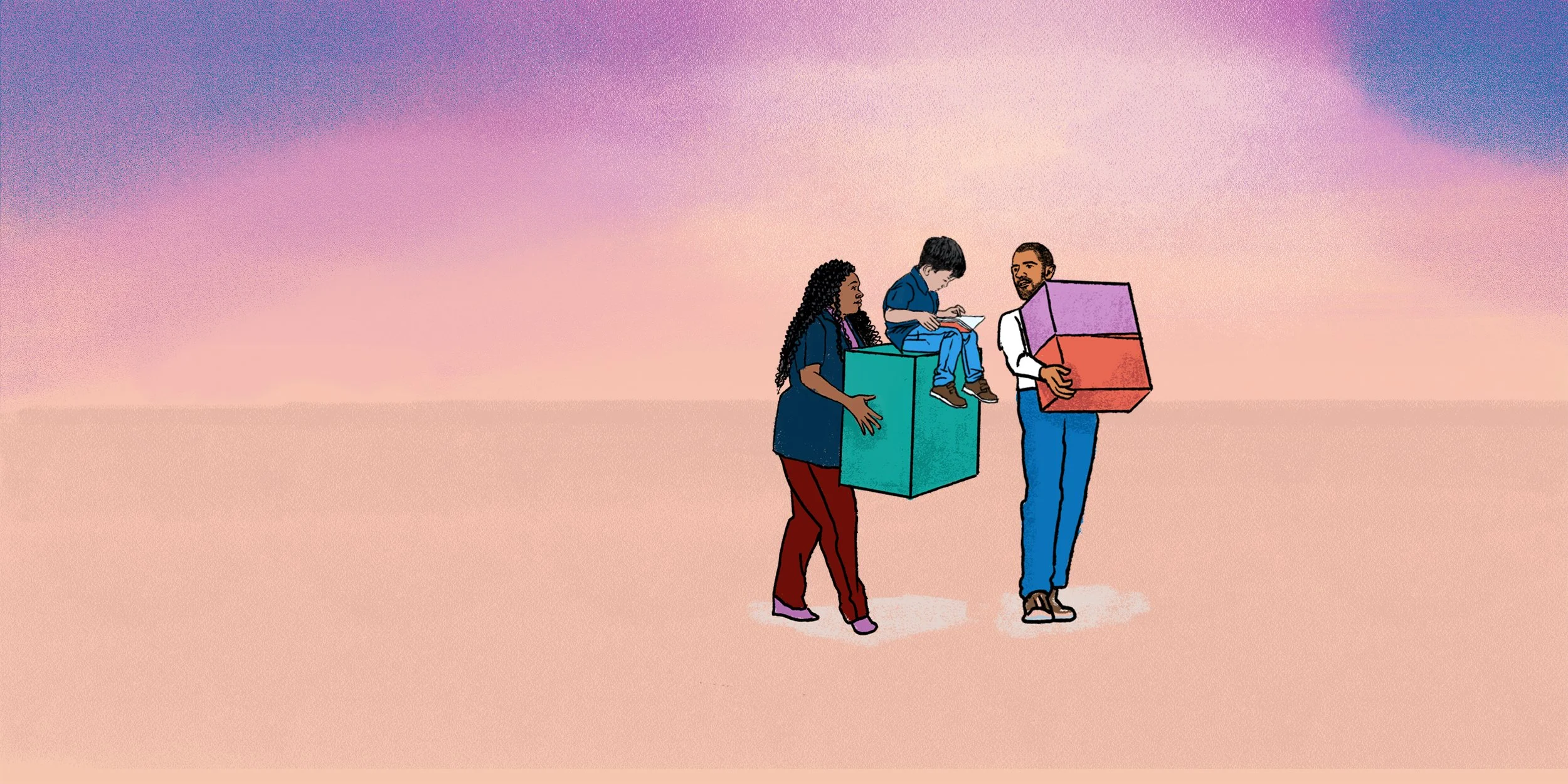 An illustration of three people walking together, carrying colorful boxes in front of a pink and purple gradient background. The group includes a woman with long curly hair, a man with a beard, and a young boy sitting on a box while reading.
