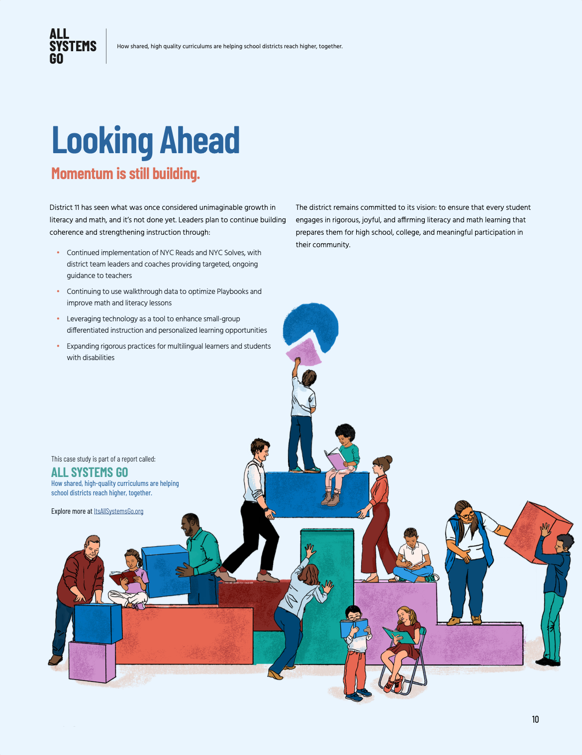 Case Study page titled "Looking Ahead" with an image of people of all ages and backgrounds carrying and climbing on multicolored boxes