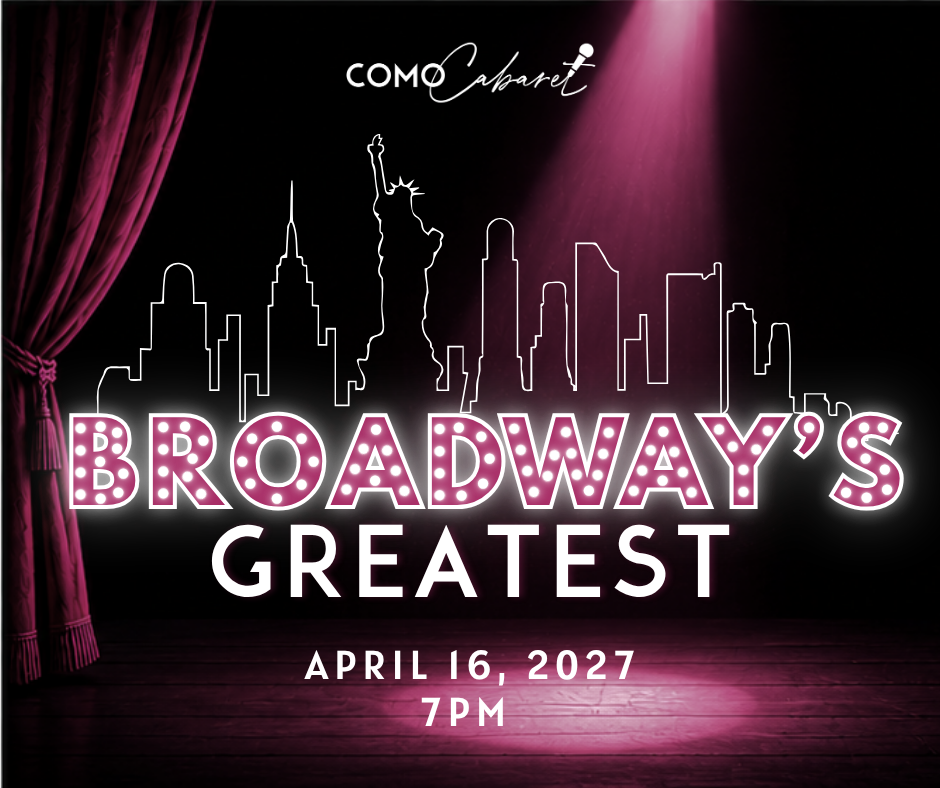A theater stage framed by a rich magenta curtain on the right, is illuminated by a magenta spotlight, with a glowing Broadway style marquee and NYC skyline outline in the background to evoke the excitement of classical musical theater.