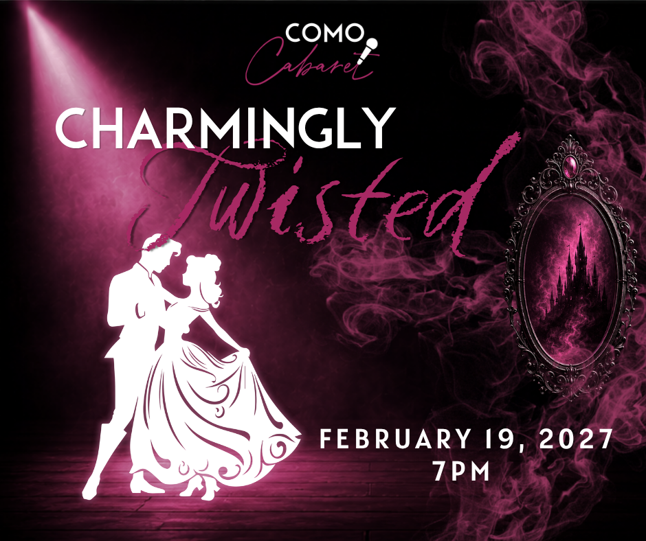 A dark fairy tale scene features an ornate evil mirror with a glowing castle reflected, a couple dancing beneath a magenta spotlight, set against a black theatrical backdrop with a swirling mysterious fog.