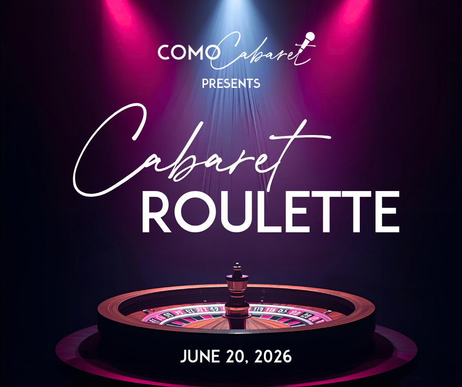 Poster for Como Cabaret's roulette event on June 20, 2026, with a roulette wheel at the bottom and stage lighting.