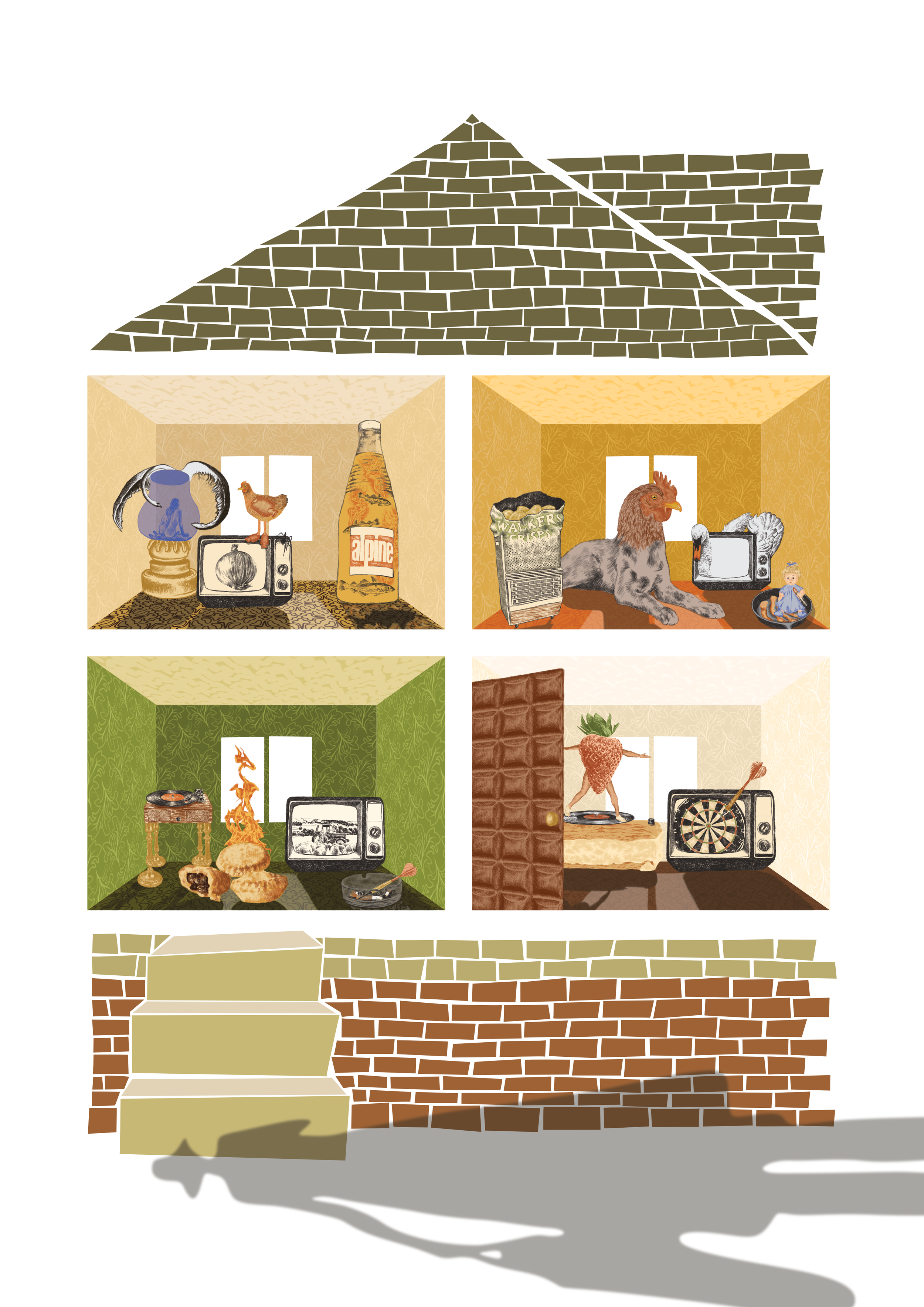 Surreal scenes based on the childhood memories of four siblings - each room represents their memories of growing up in this house in Chesterfield.