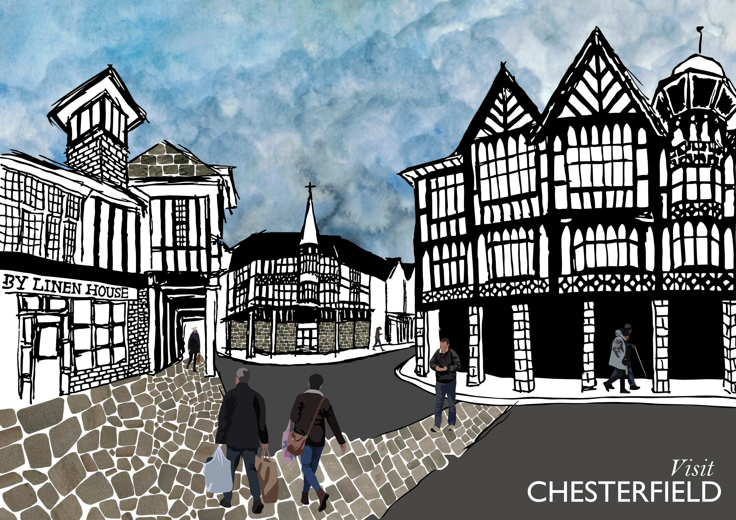 Digital and physical collaged illustration of Knifesmithgate in Chesterfield, consisting of mock Tudor buildings.