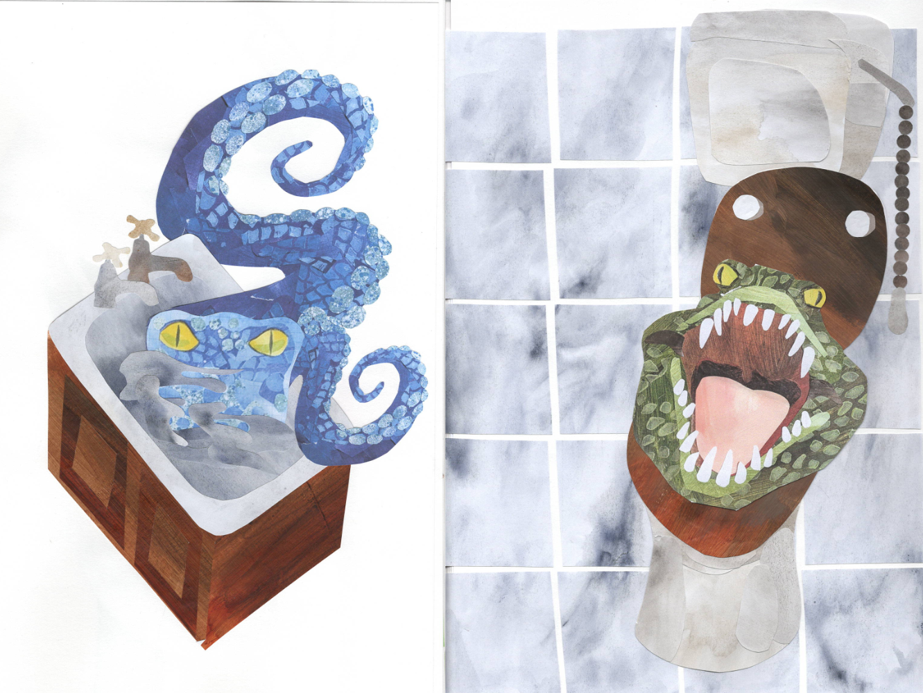 Concept art to help inform a pop-up collaged book about childhood beliefs. These collages show ideas for the plughole monster and the crocodile in the toilet.