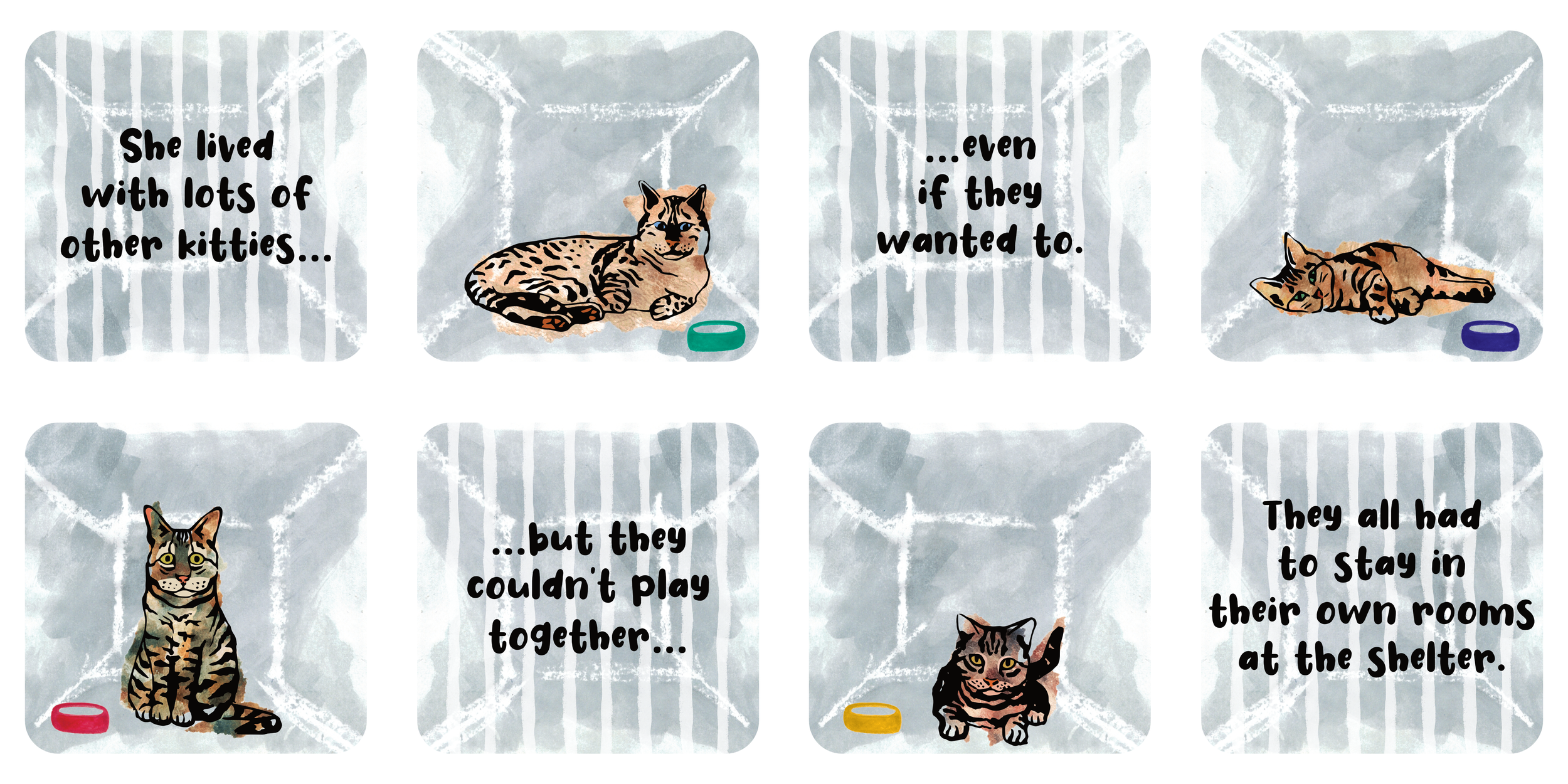 Pages from The Day Tigs Came Home, showing collaged cats in a shelter, living in separate cages.