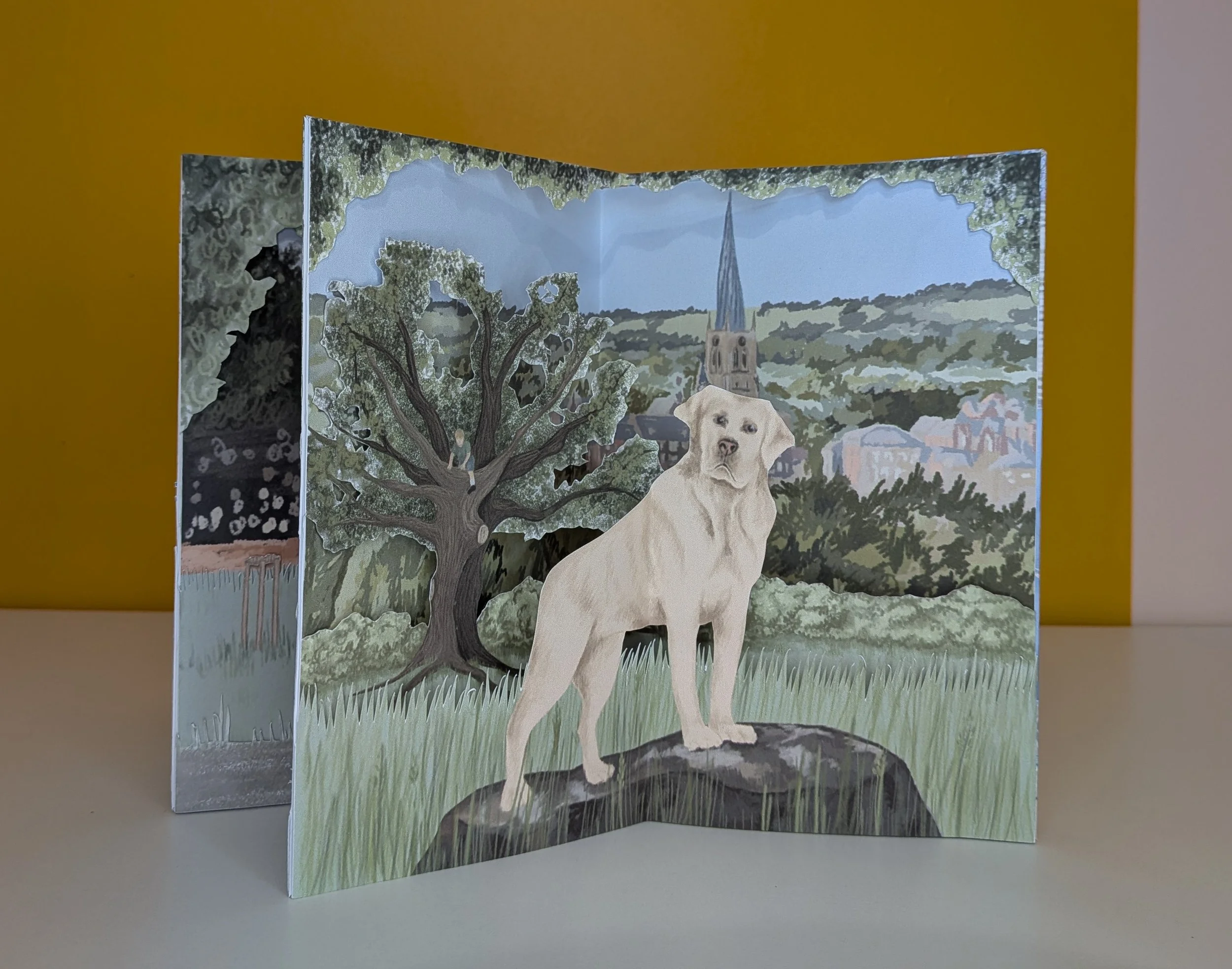 Memory scene from my Chesterfield carousel book, showing a beloved pet Labrador, a child climbing a tree, and the Crooked Spire in the background.