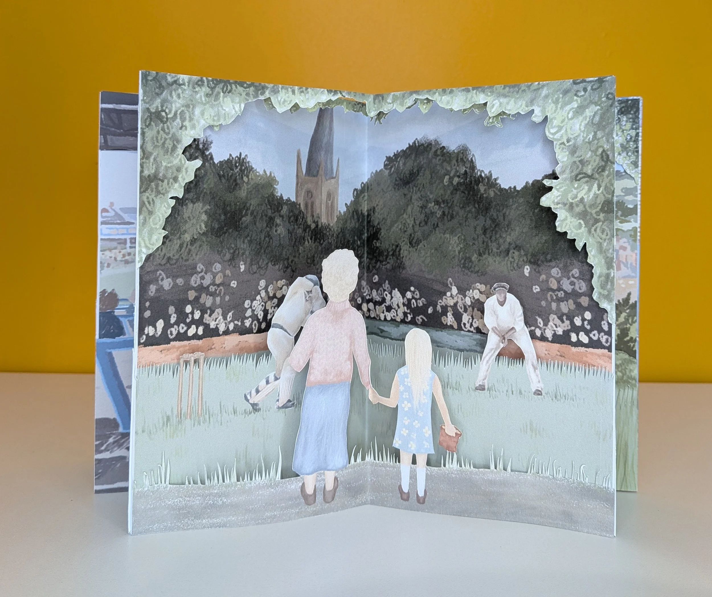 Cricket memory scene from my Chesterfield carousel book, showing a game in play, with the Crooked Spire in the background.