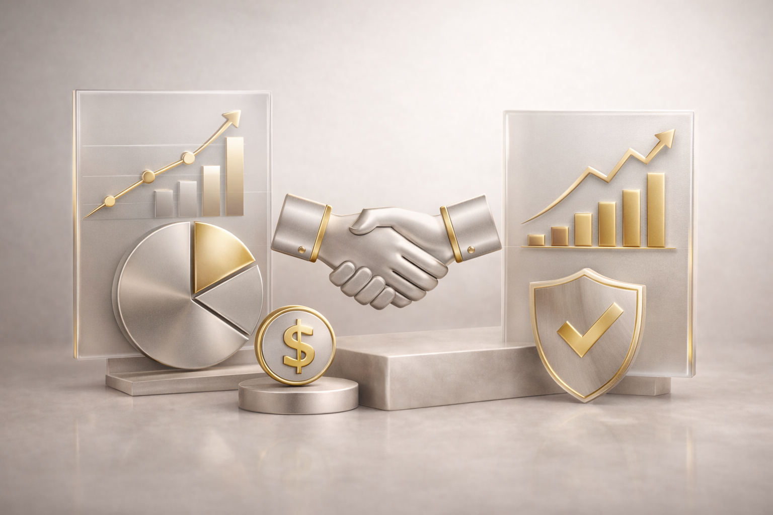 Silver and gold-colored graphics of financial charts, a handshake icon, a dollar coin, and a shield with a checkmark, symbolizing financial success, agreement, and security.
