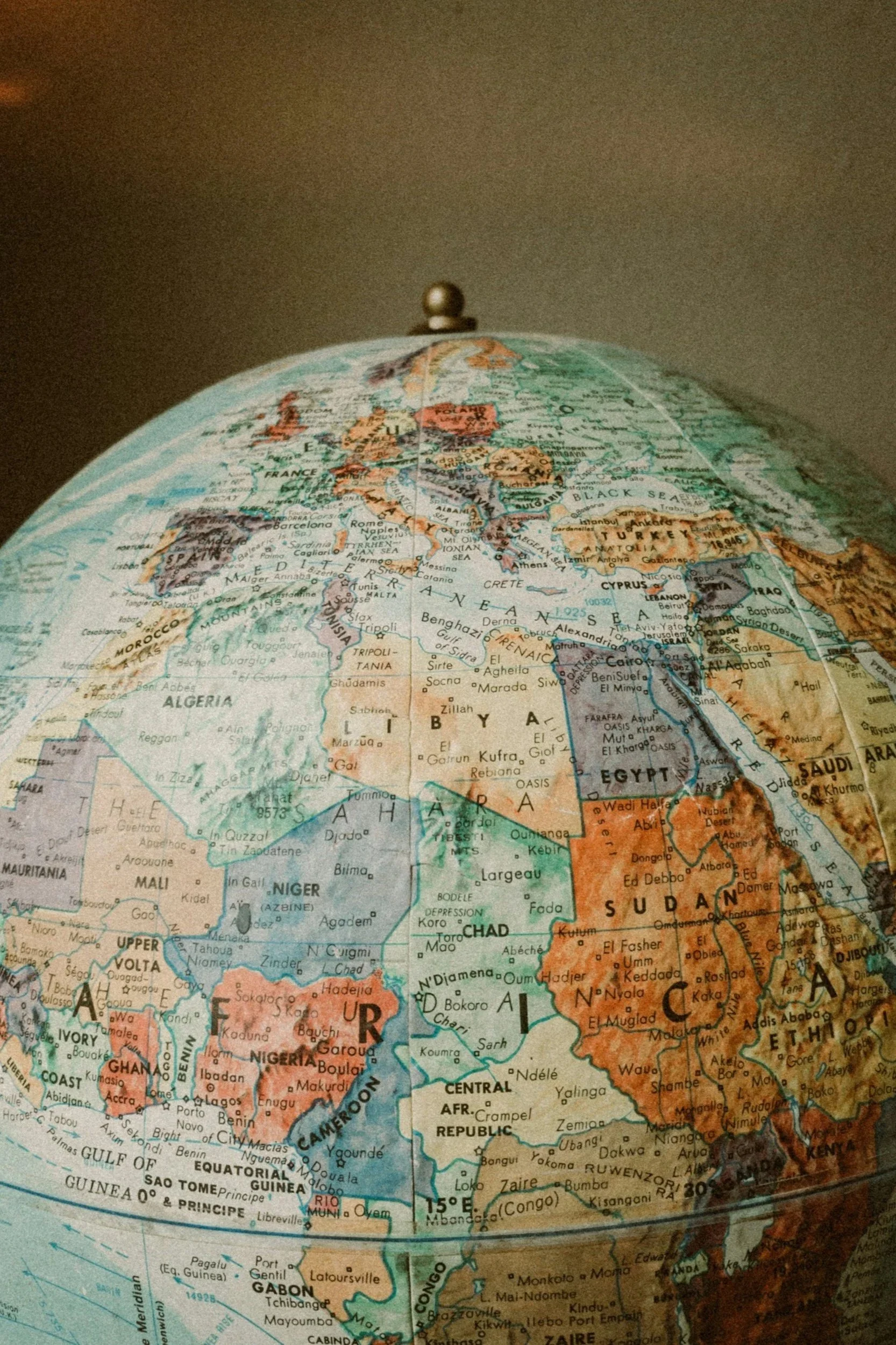 A globe focusing on Africa, Europe, and parts of Asia and the Middle East.