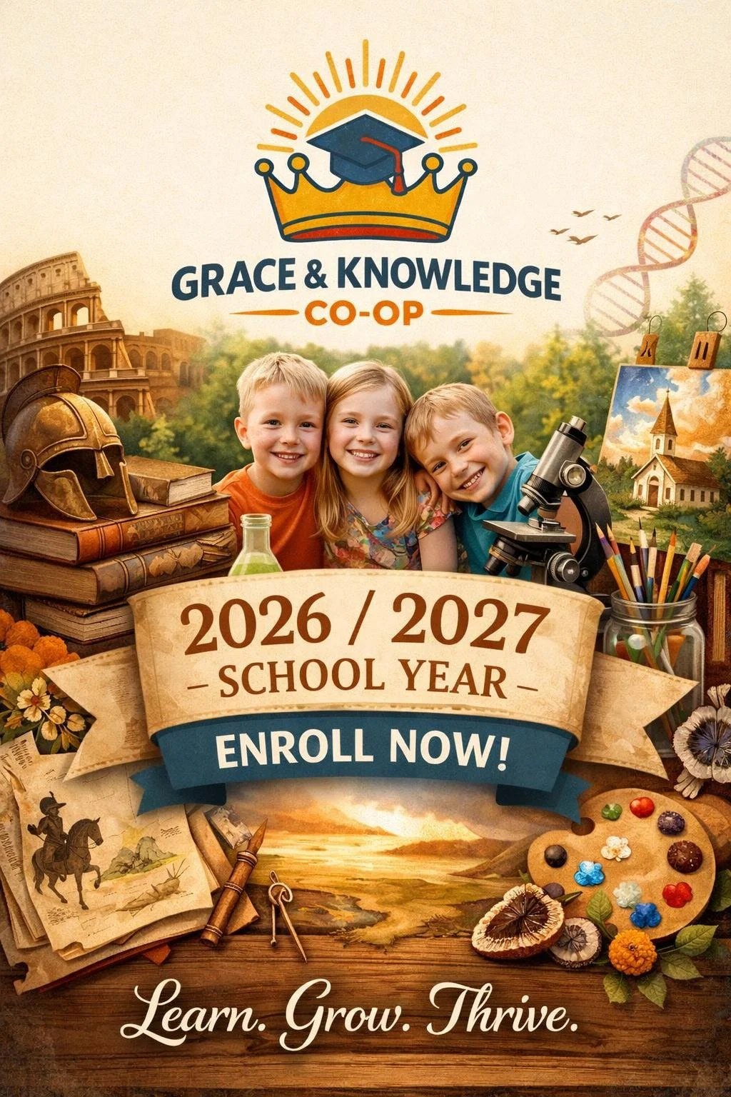 A promotional poster for the upcoming school year 2026/2027 at Grace & Knowledge Co-Op.  "Learn. Grow. Thrive."