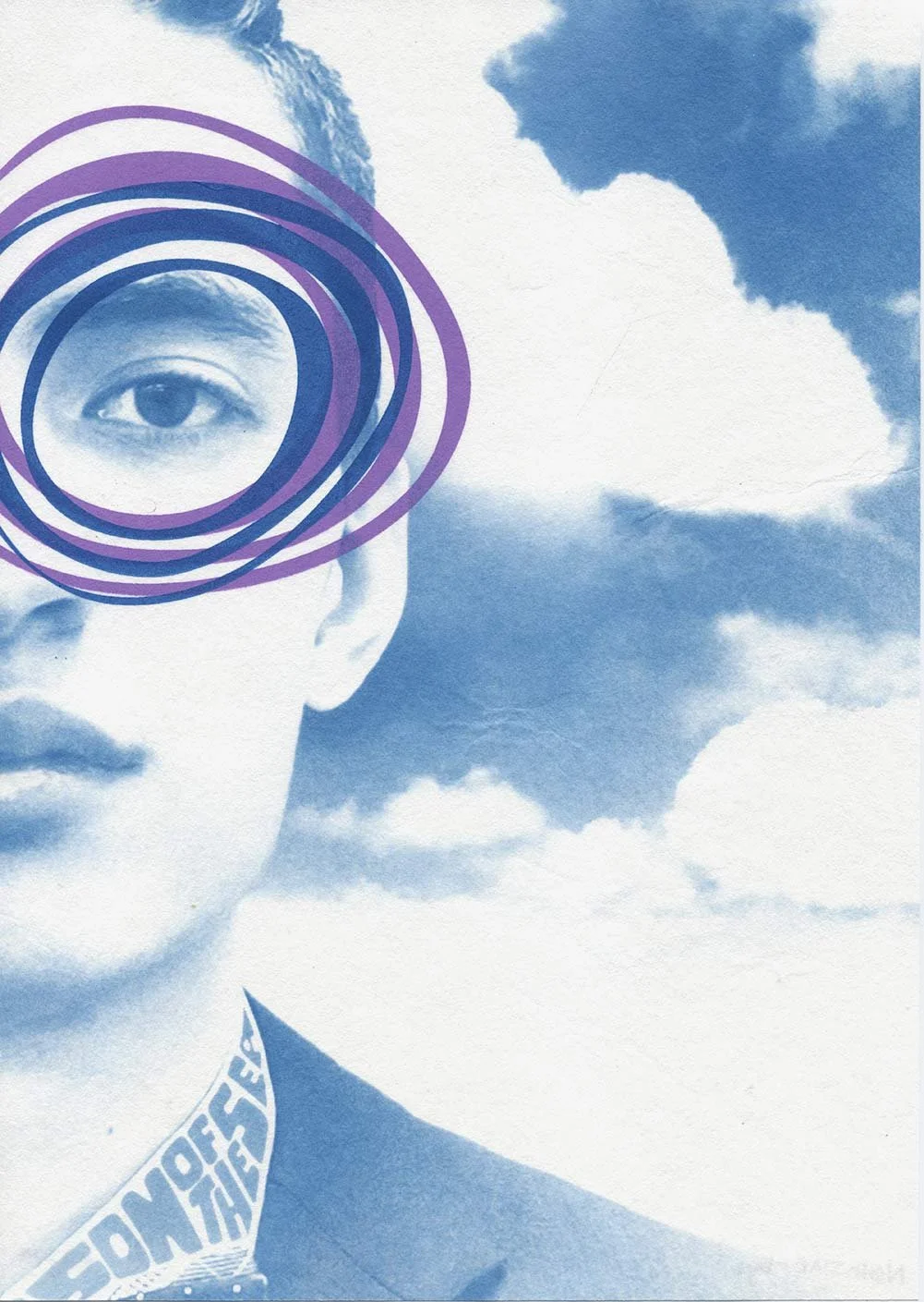 A stylized portrait of a woman with her face partially visible, with a background of clouds. The left eye is replaced with a series of concentric circles, overlapping her face.