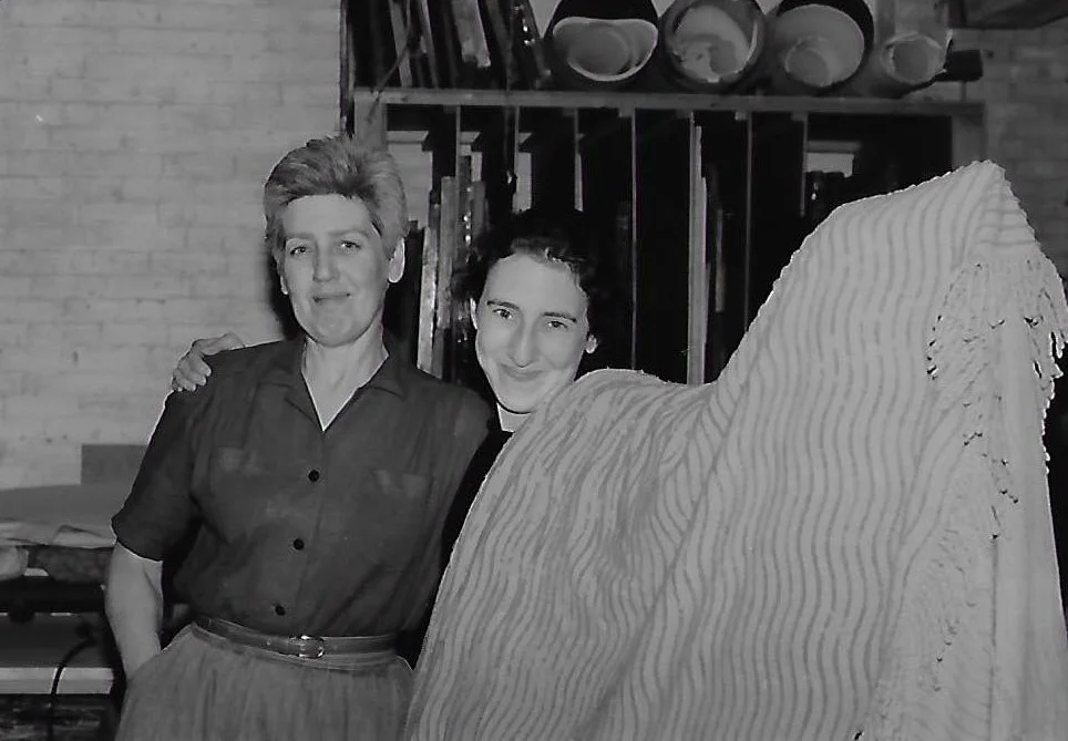 Two women standing together, one with short hair and the other with short, curly hair, smiling. They are indoors in a room with a bookshelf and dishes in the background, and a large, textured fabric is partially covering the woman on the right.