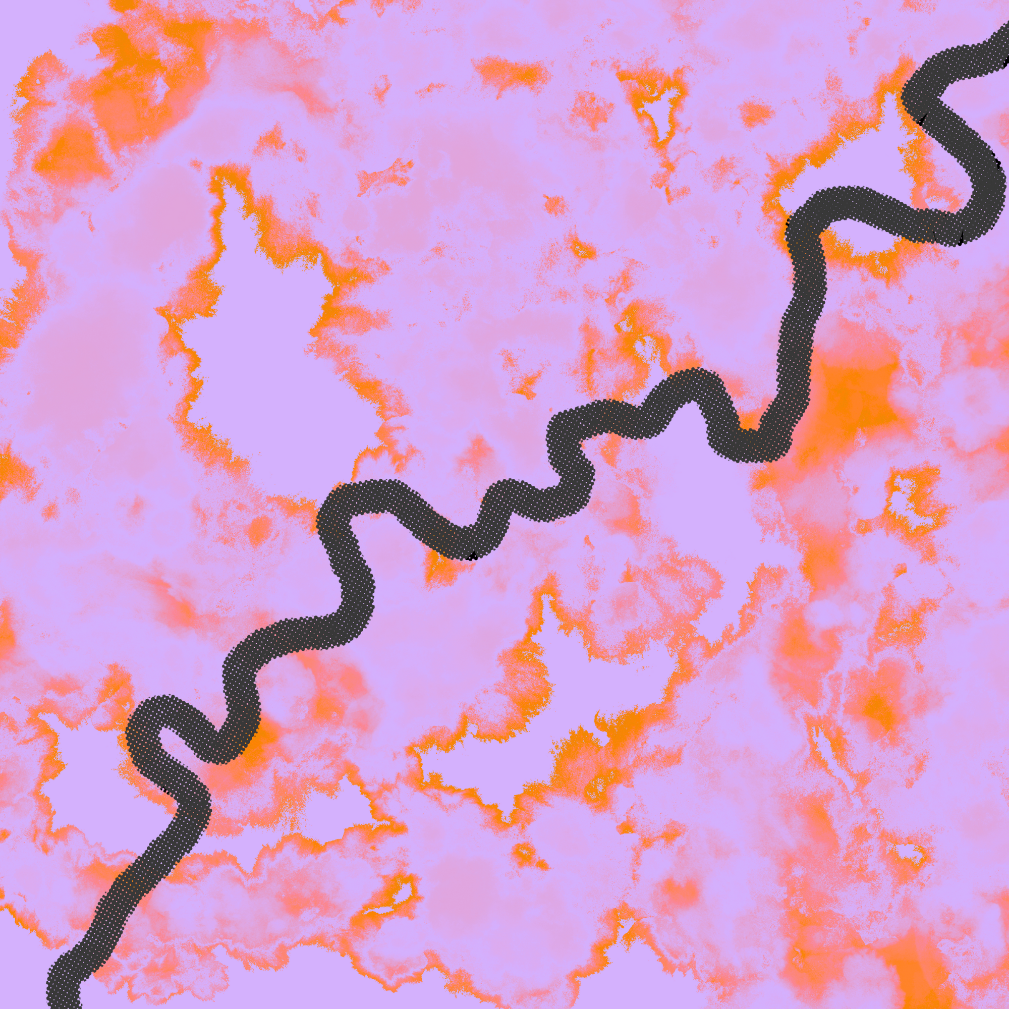 A digital abstract artwork featuring a pastel purple background with splashes of orange and pink, and a black, dotted, irregularly-shaped, squiggly line running across the right side.