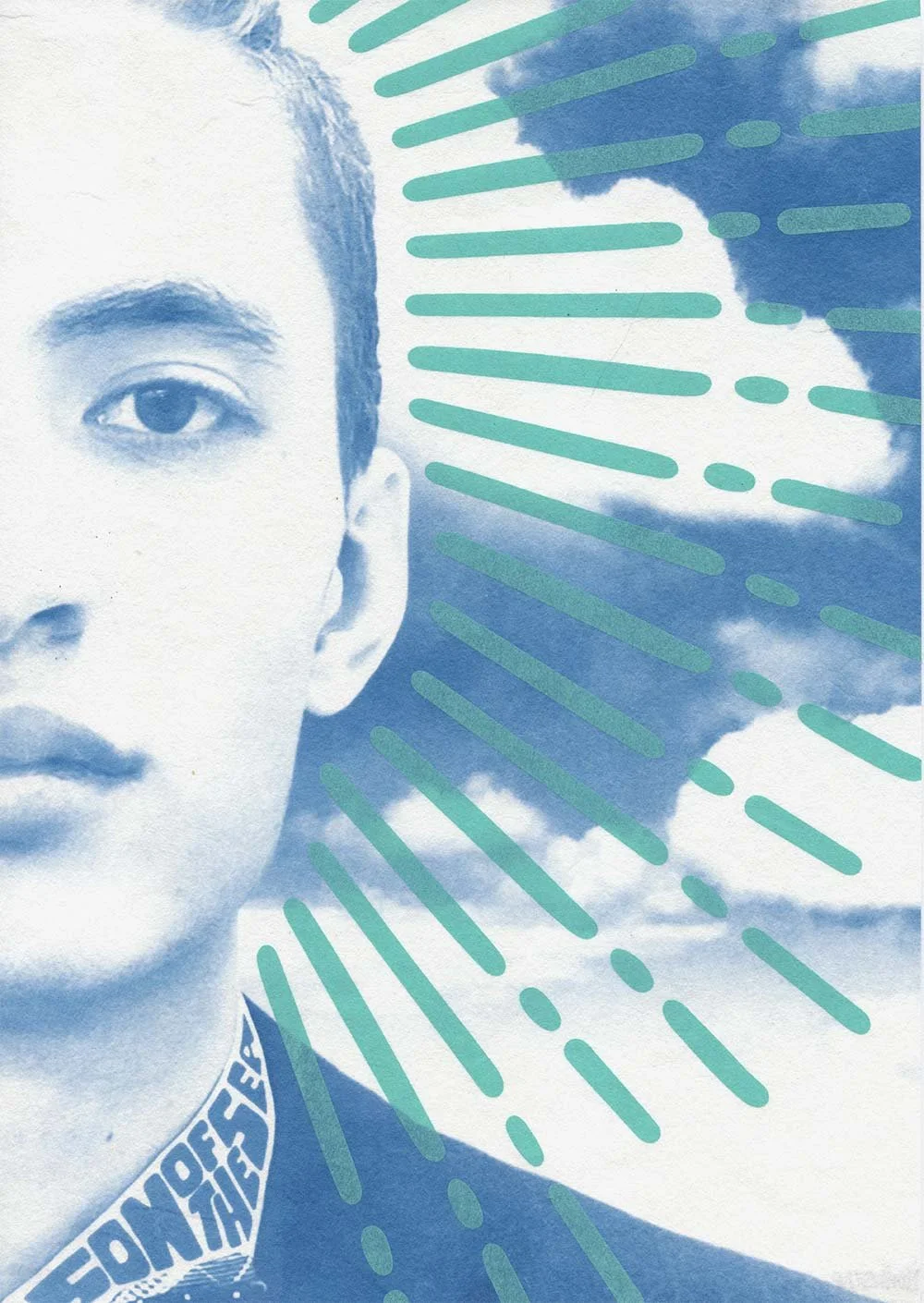 Partial portrait of a young person with short dark hair, visible left eye, and part of their face. The background features blue skies with clouds and green visual effects.