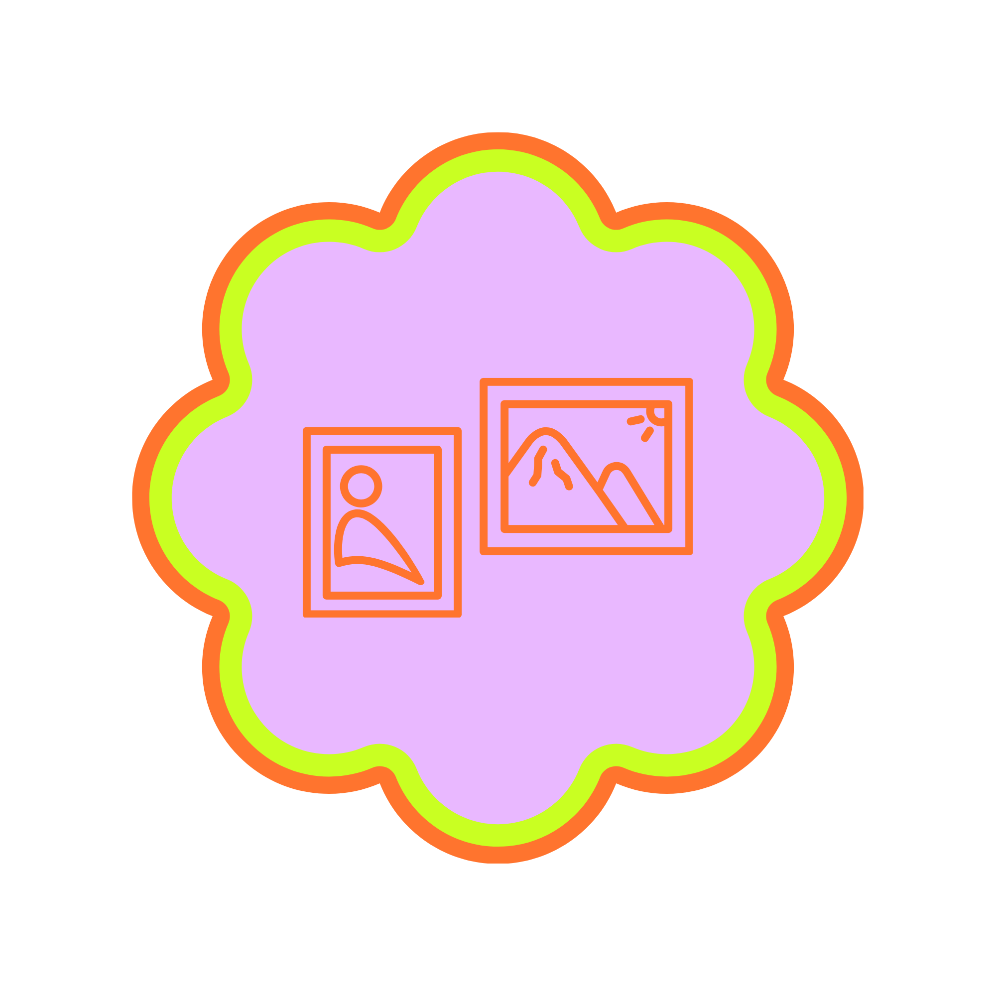 Colorful digital illustration of a cloud with framed pictures inside, outlined with orange, green, and purple colors.