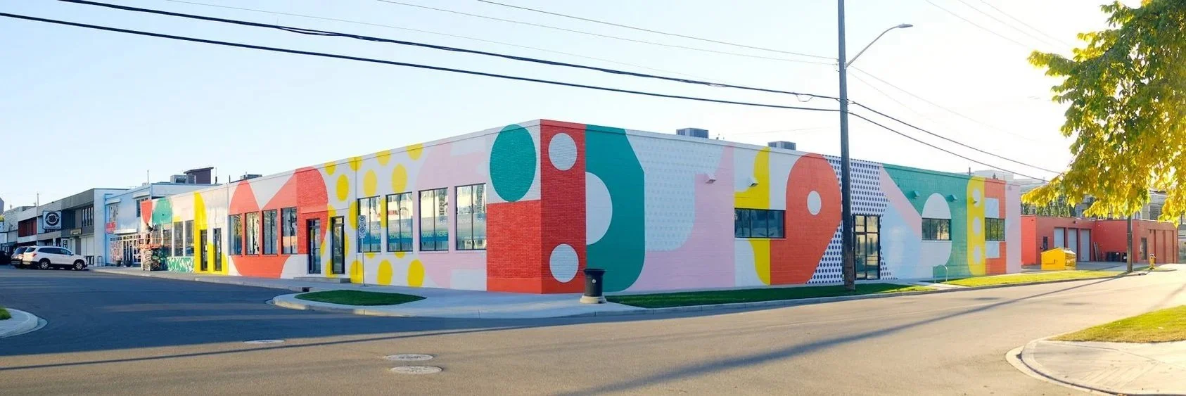 Colorful mural painted on the side of a building in an urban area with streetcars and parked cars nearby.