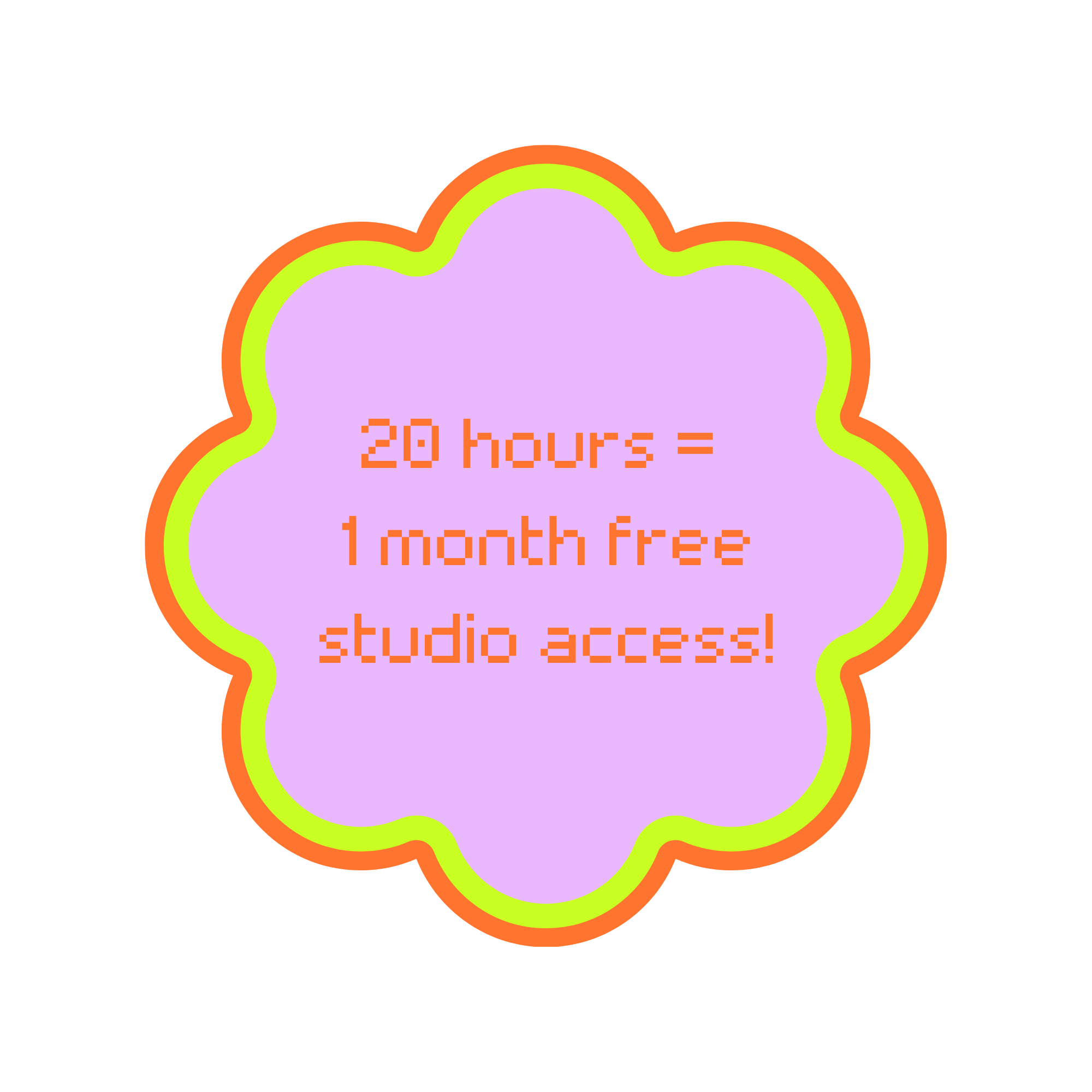 Colorful illustration with the text '20 Hours = 1 Month Free Studio Access!' inside a cloud-shaped outline with orange, green, and purple colors.