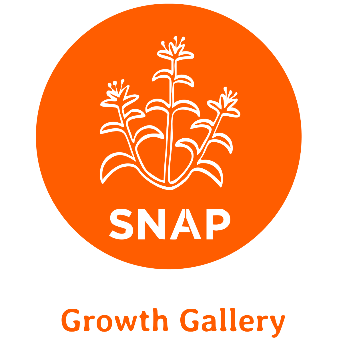 Orange circle with a black outline of a plant and the word 'SNAP' in bold underneath. Below the circle, the words 'Growth Gallery' are written in orange.