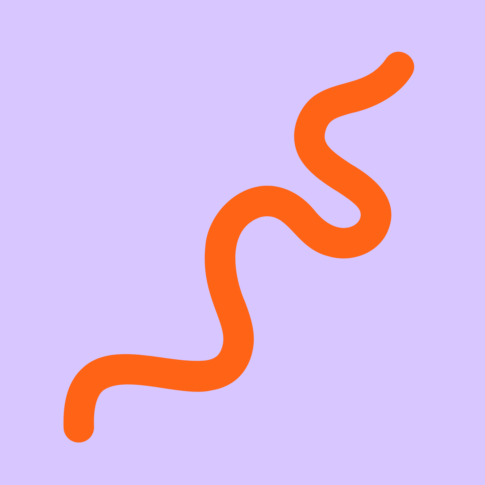 Abstract digital art with a twisted orange line on a lavender background.
